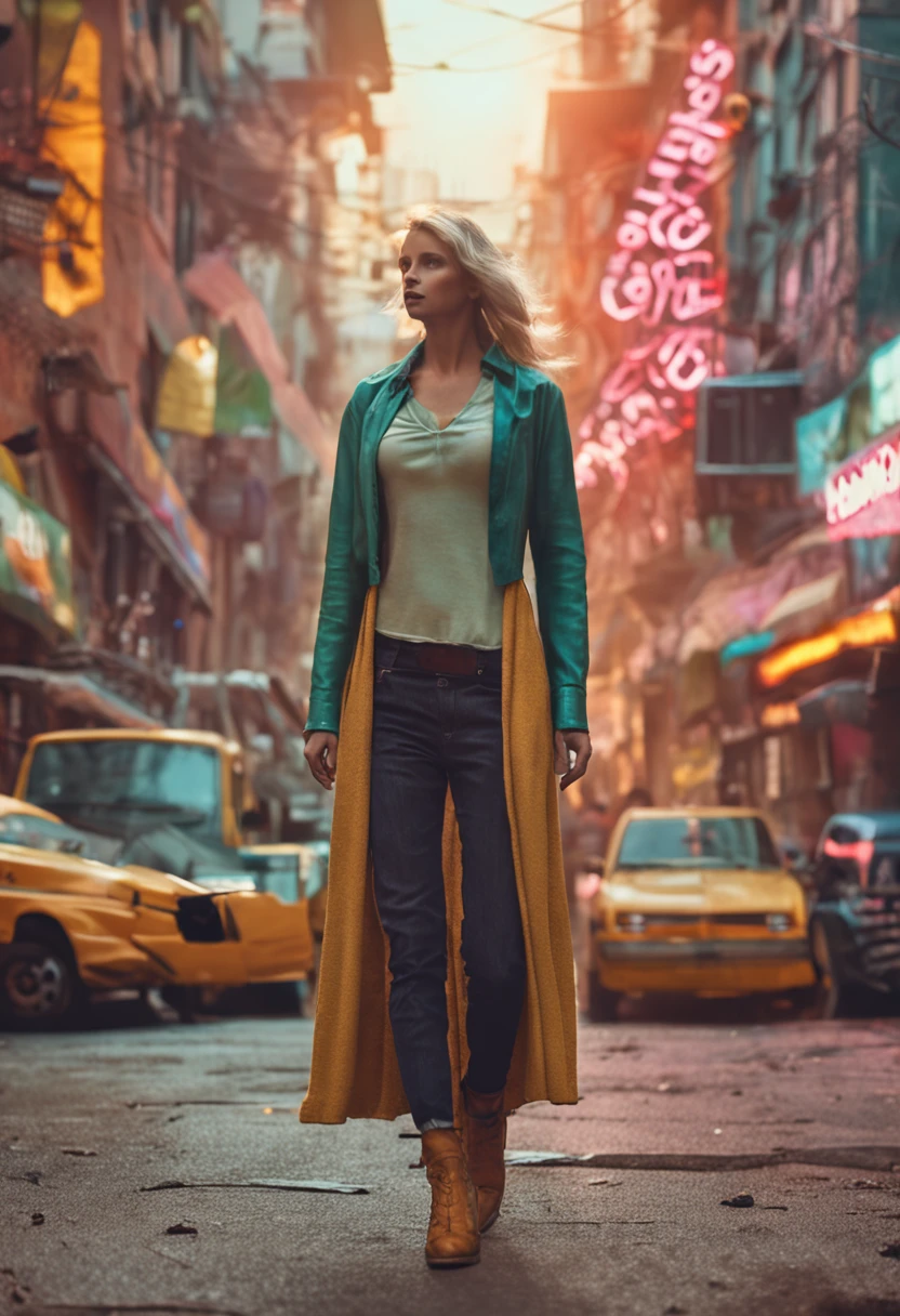 Realistic photo of blonde girl in clothes with a thin waist, soft light, natural colors, high detail, waist main object