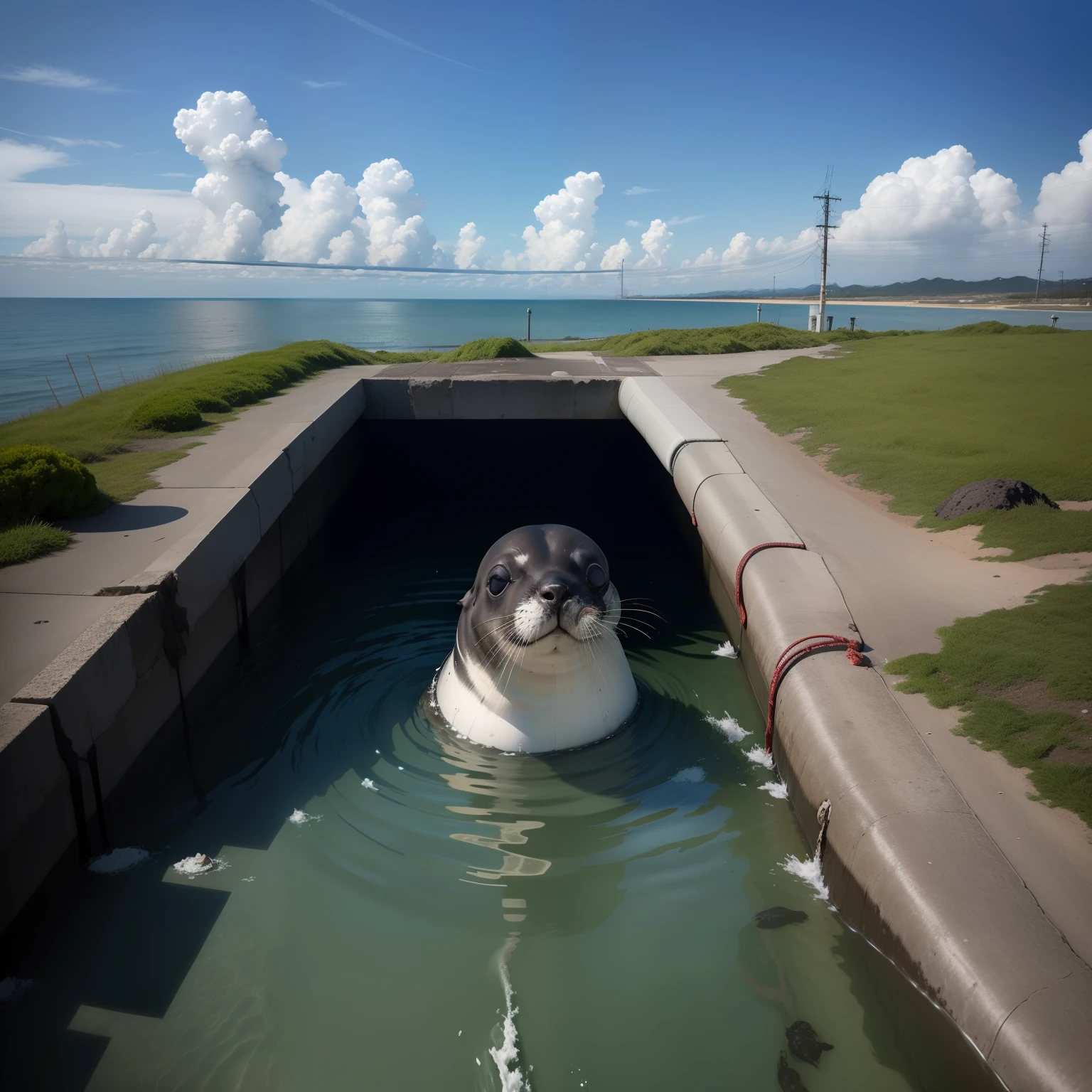 After Japan discharges nuclear wastewater，The ocean is polluted black，Sea creatures mutate into monsters，The sky is shrouded in darkness，There are also radiolabeled drains at sea level that are discharging black nuclear sewage，A scarred seal poked its head out，Look helplessly at the camera