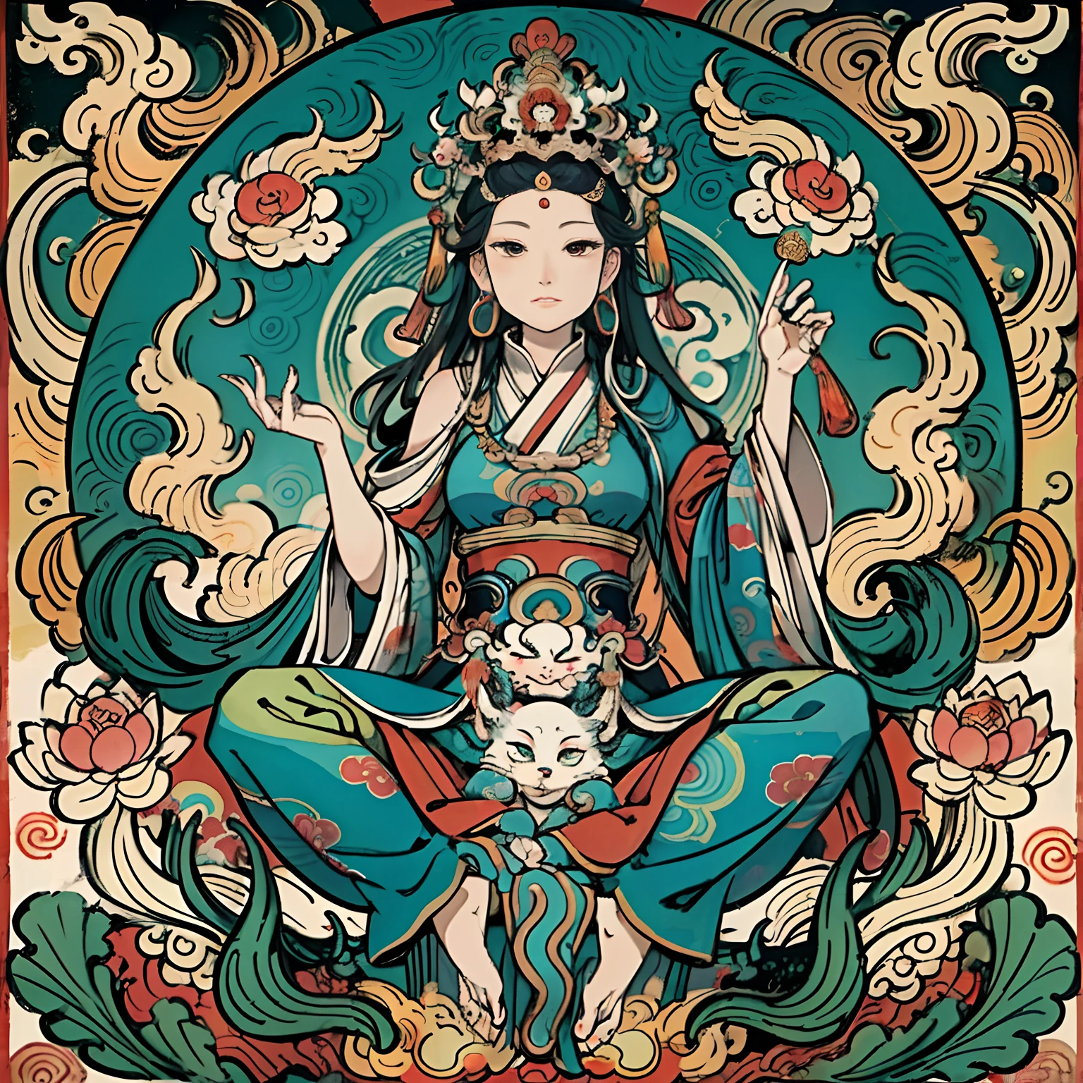 an ancient Chinese goddess, guanyin of the southern seas, Guanyin, Inspired by India, Avalokiteshvara rides a phoenix，,Serene expression,shui mo hua,Buddha,Buddhist,Lotus,Chinese painting style,Thangka style
