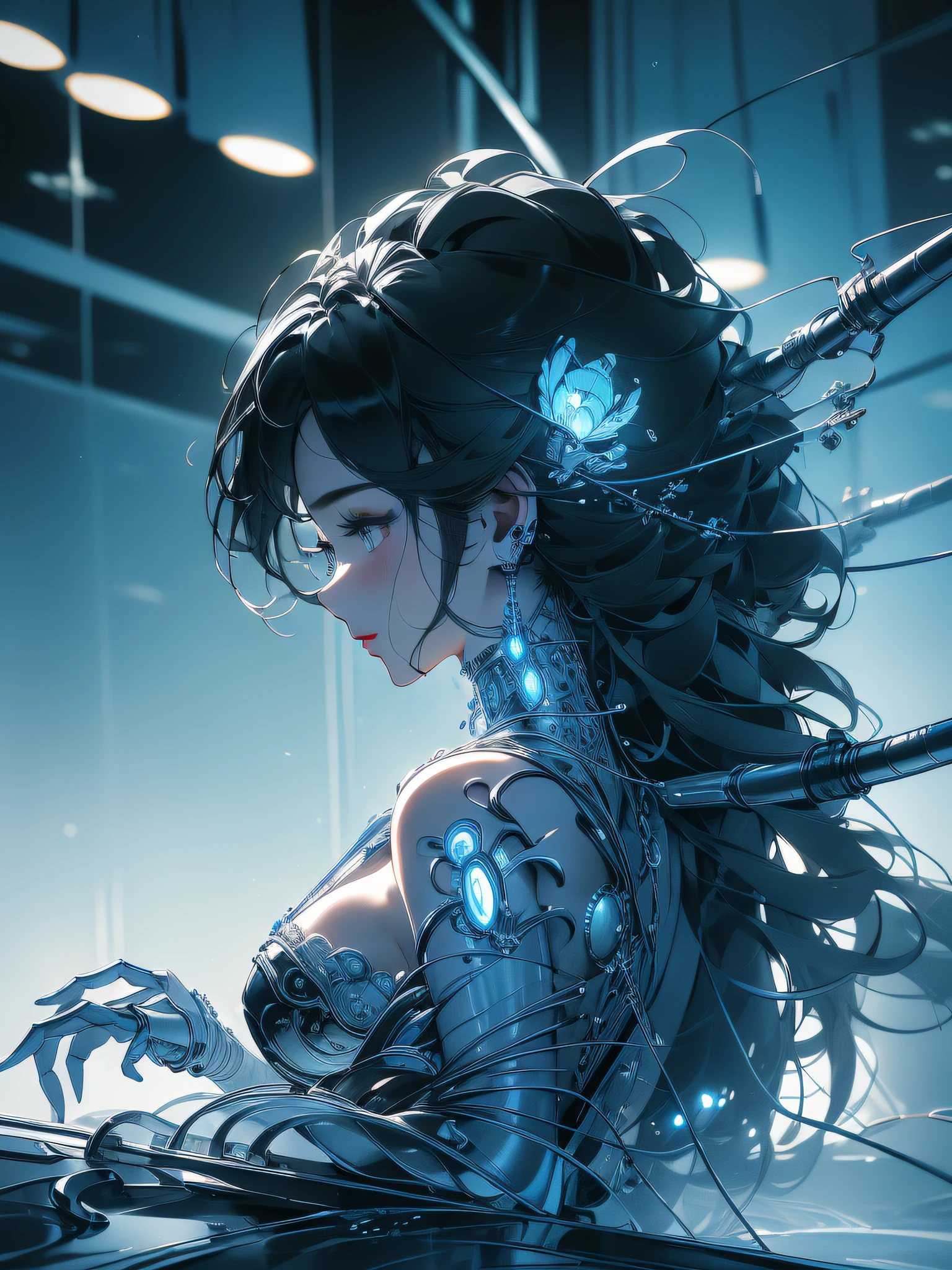 (((masterpiece))), (((best quality))), ((ultra-detailed)), (highly detailed CG illustration), ((an extremely delicate and beautiful)),(from side),cinematic light,((1mechanical girl)),solo,full body,(machine made joints:1.2),((machanical limbs)),(blood vessels connected to tubes),(mechanical vertebra attaching to back),((mechanical cervial attaching to neck)),(sitting),expressionless,(wires and cables attaching to neck:1.2),(wires and cables on head:1.2)(character focus),science fiction,extreme detailed,colorful,highest detailed