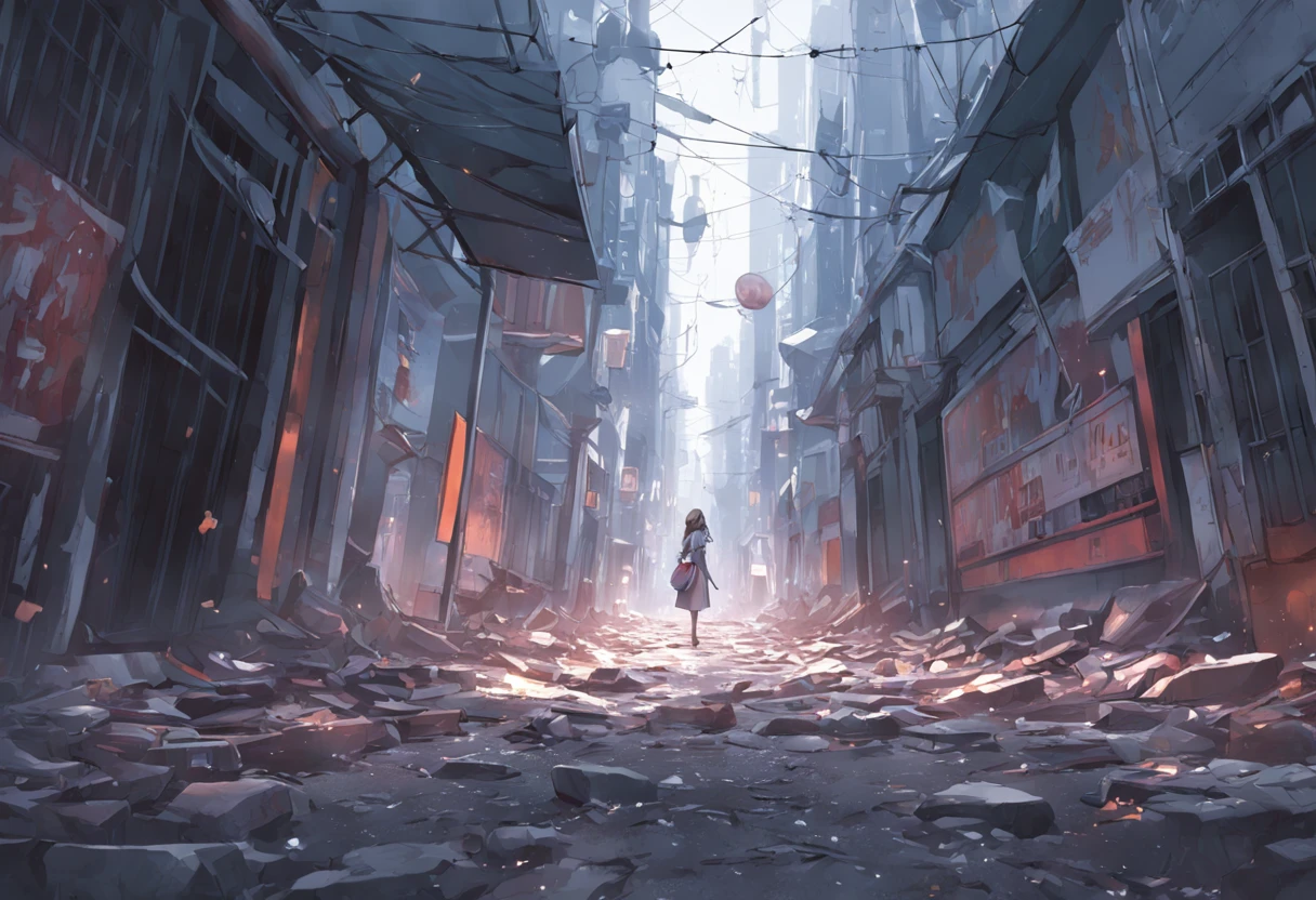 masutepiece, Ultra-high resolution, (monochromes), (highcontrast), broken streets, Broken city, Gravel-covered ground, Broken sign, Natural light surreal science fiction scene, From the point of view of the lowest layer (光影效果), (depth of field effect), (Tyndale), (Optical particle tracking), (nffsw), (Horror Movie Lighting Visual Effects), (Volumetric lighting), (Bright colors), Best Quality, 8K