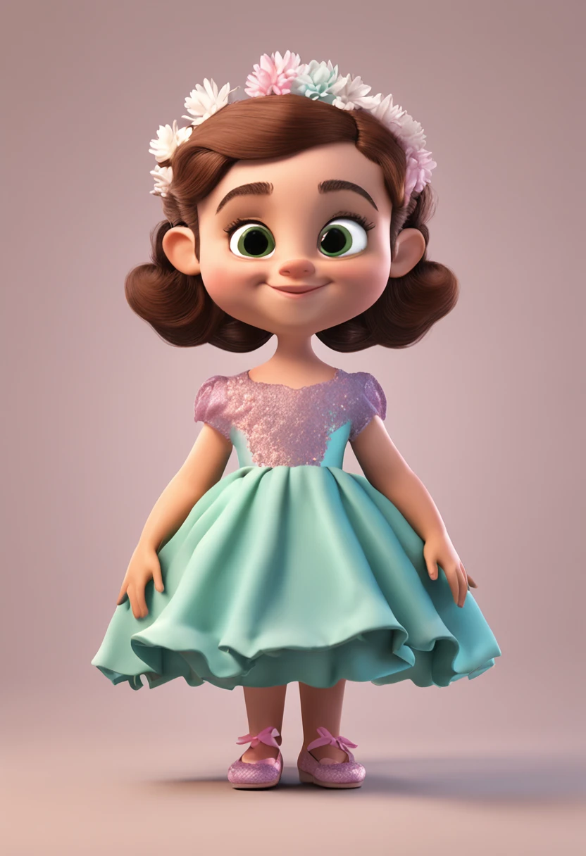 Menina de 4 anos, various poses and expressions image with smooth white background, 3D illustration for children's book, with 1 small dog next to you, com cabelos castanho, vestido com estampa de flores, tiara de flores