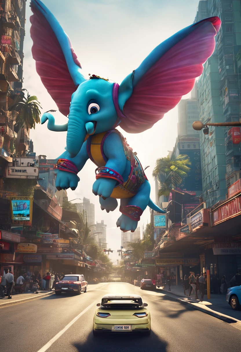 A winged elephant on a speeding car track,Fly over the city