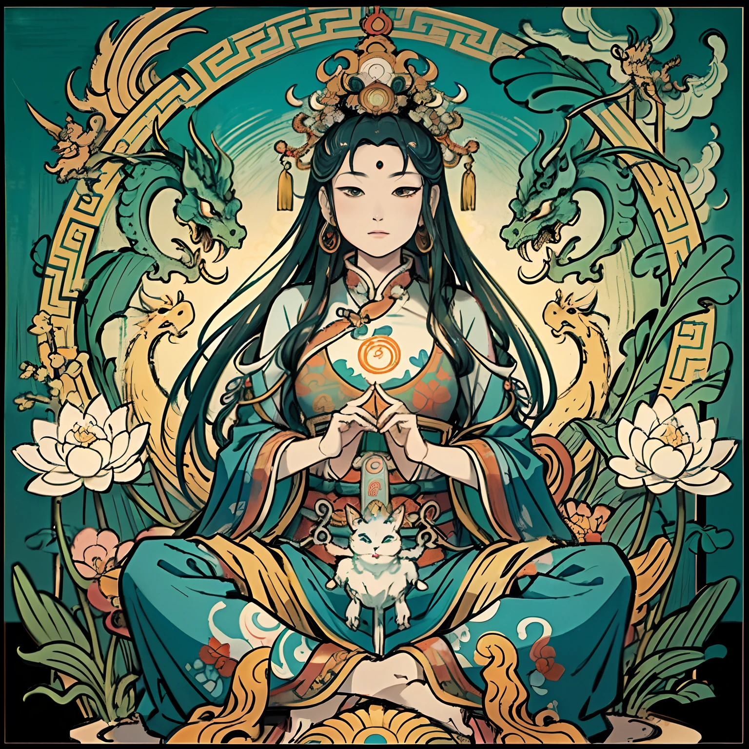 an ancient Chinese goddess, guanyin of the southern seas, Guanyin, Inspired by India, Avalokiteshvara rides a dragon，,Serene expression,shui mo hua,Buddha,Buddhist,Lotus,Chinese painting style,Thangka style