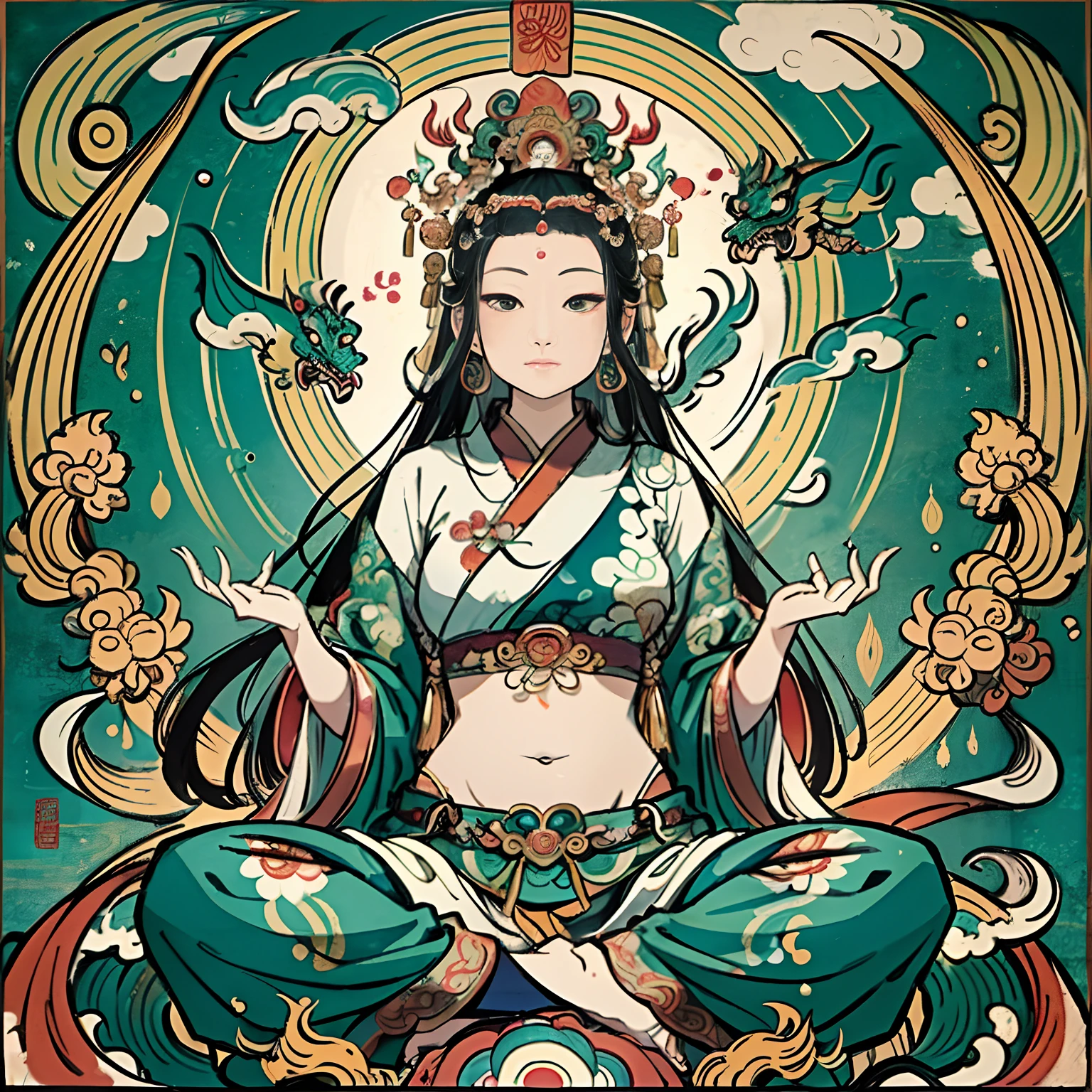 an ancient Chinese goddess, guanyin of the southern seas, Guanyin, Inspired by India, Avalokiteshvara rides a dragon，,Serene expression,shui mo hua,Buddha,Buddhist,Lotus,Chinese painting style,Thangka style