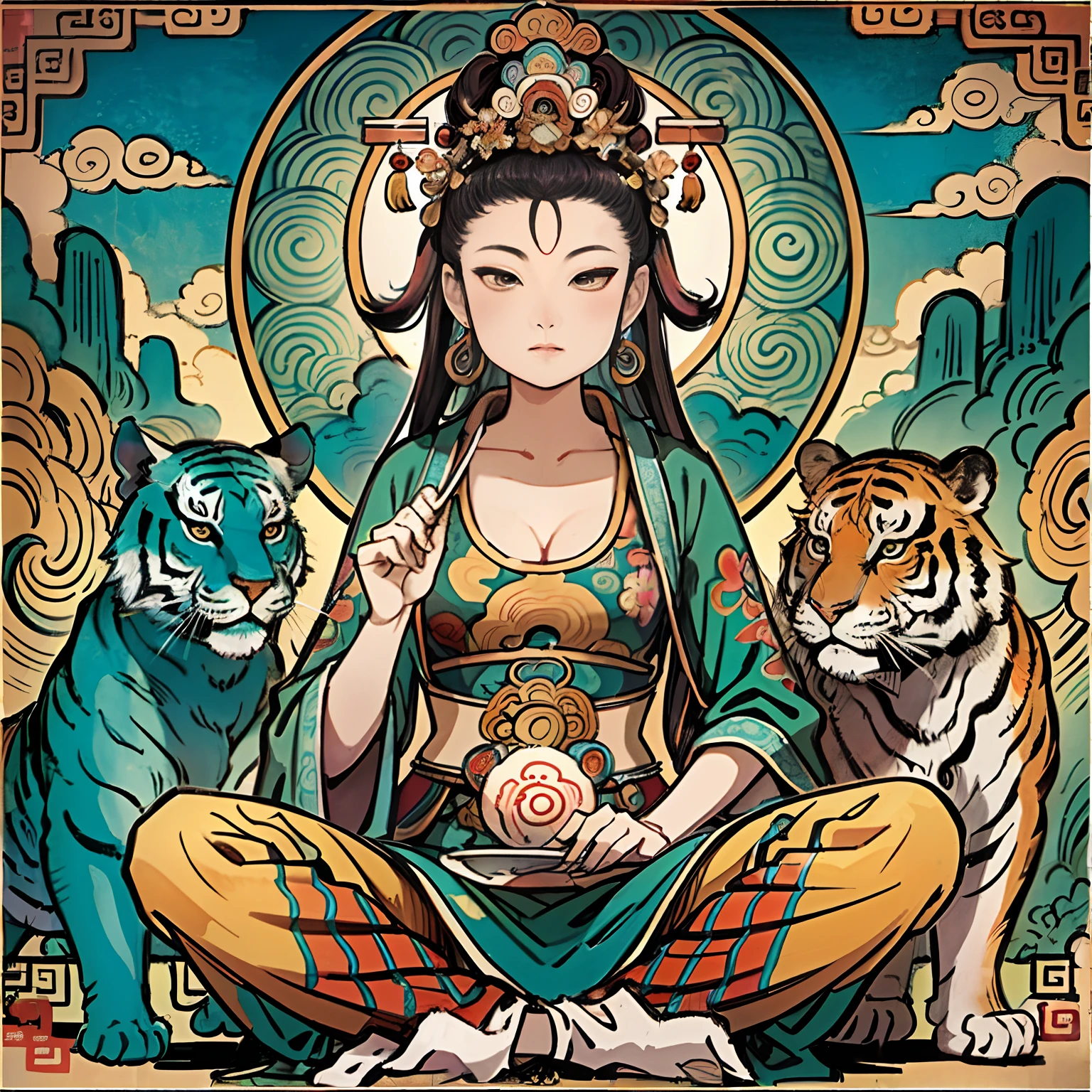 an ancient Chinese goddess, guanyin of the southern seas, Guanyin, Inspired by India, Avalokiteshvara rides a tiger,,Serene expression,shui mo hua,Buddha,Buddhist,Lotus,Chinese painting style,Thangka style