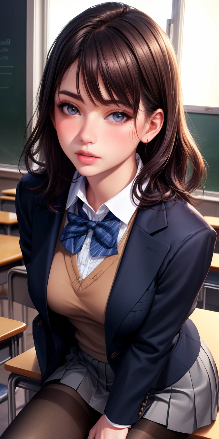 best quality, masterpiece, (photorealistic:1.4), wallpaper, 1girl, classroom, blush,vest, blazer, pantyhose, detailed face, pleated skirt, heels, sleek, dark hair, grey eyes, beautiful eyes, 8k