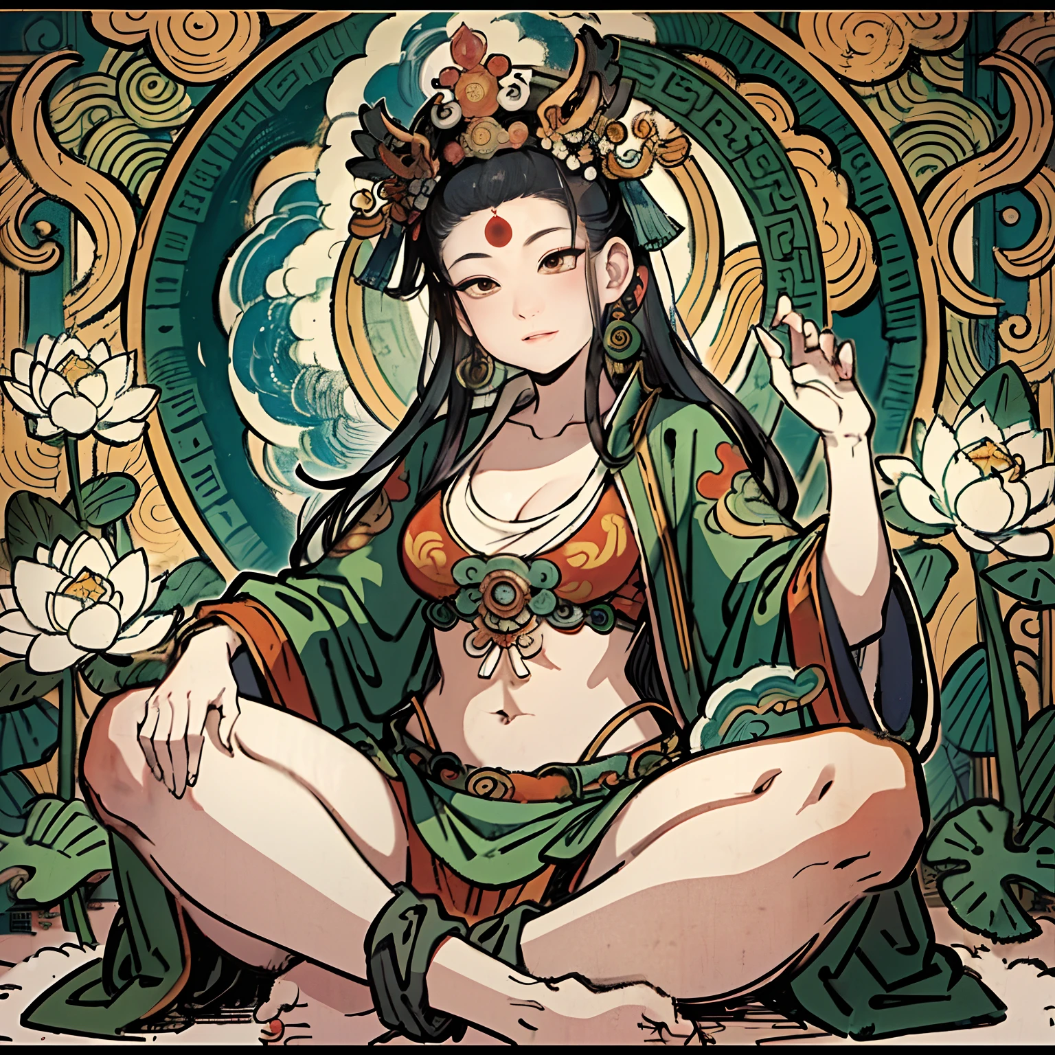 an ancient Chinese goddess, naked guanyin of the southern seas, Guanyin, Inspired by India, Avalokiteshvara Bodhisattva Phoenix，,Serene expression,shui mo hua,Buddha,Buddhist,Lotus,Chinese painting style,Thangka style, (nsfw: 2.0), naked: 2.0