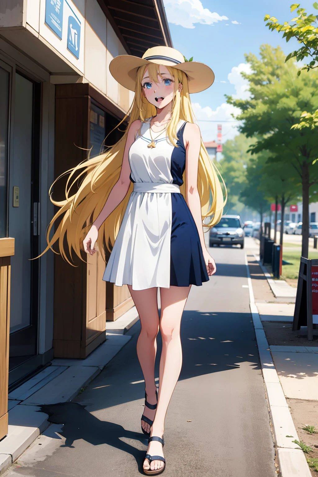 1girl in, Solo, Full body, Ushio Kofune, Blonde hair, Long hair, Straight hair, Blue eyes, blush, Blonde eyelashes, White Shell Necklace, Dress, a straw fedora hat, Sandals, Open mouth, Smile, day, Outdoors, (masutepiece:1.2)