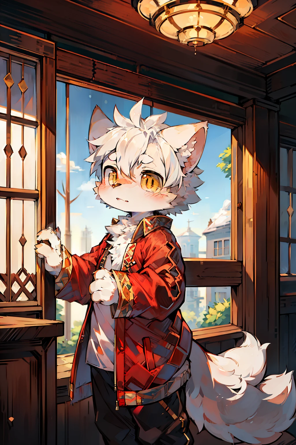 (ambiente dark:0.8),Masterpiece,High quality,abstract res,Digital painting\(artwork of a\), by Dagasi, Yupa,Kiyosan,(anthro,Fluffy fur,Character focus:1.1),anthro male cat,short detailed hair,Portrait , eyes with brightness, in a panoramic view, Character focus.(detailedbackground:0.7), 独奏, shaggy, shaggy male, malefocus, (Full Body Furry, Fluffy tail, White fur, Golden eyes, White hair:1.2), (long canines:1.2),(outside、:1.1)inside in room,Flashy clothes