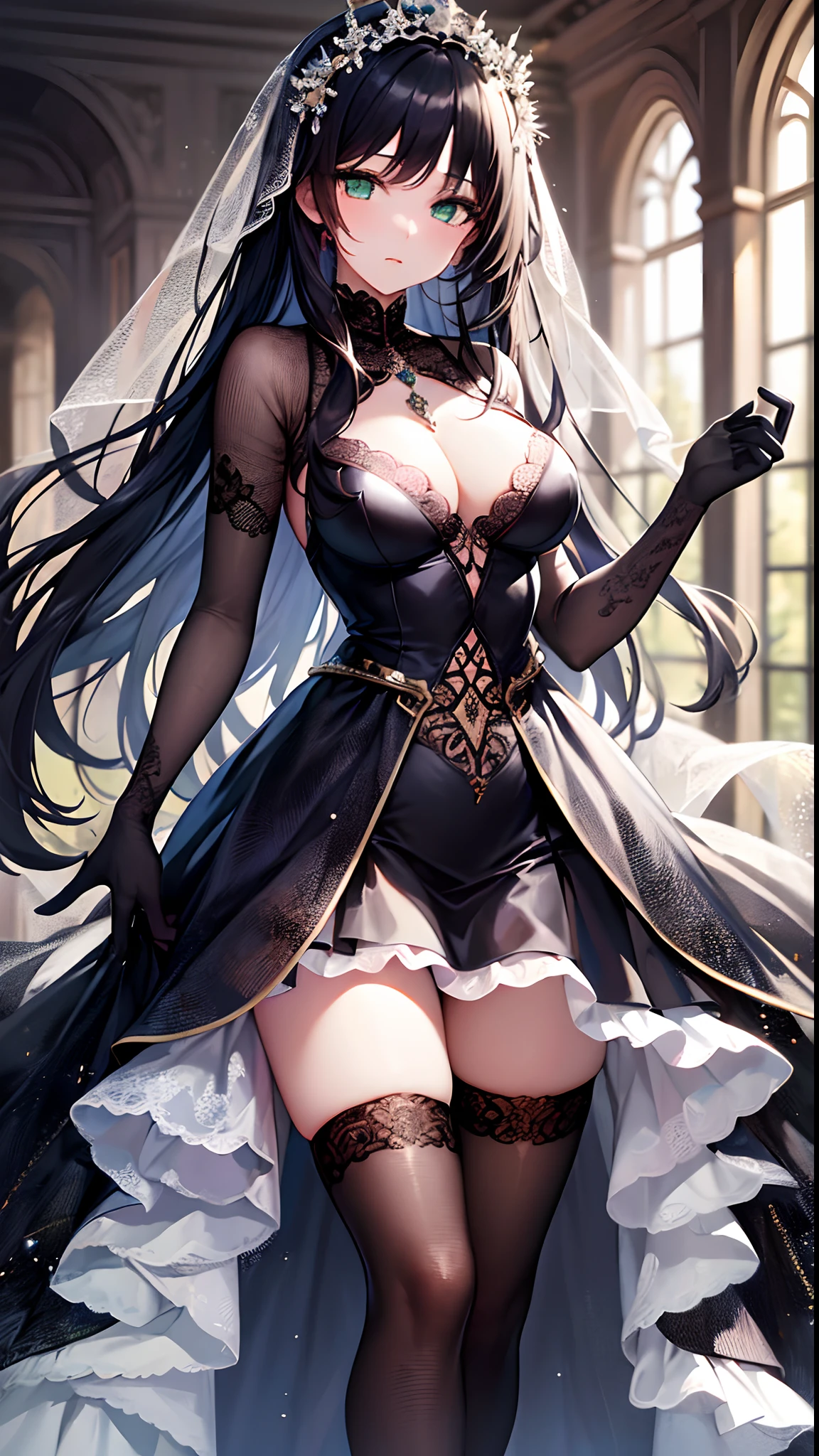 Masterpiece, dreamlike art, ultra detailed, absurdres, 1 girl, solo, full picture, long black hair, dripping_hair, green eyes like gemstone, young woman,wind blowing, holding down own skirt, gracious intricate black wedding dress with black stockings, ultra detailed black wedding dress, dominant expression, high heels, wedding ceremony in background