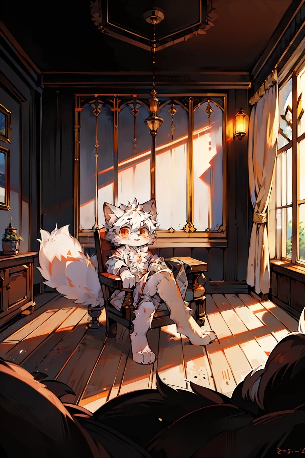 (ambiente dark:0.8),Masterpiece,High quality,abstract res,Digital painting\(artwork of a\), by Dagasi, Yupa,Kiyosan,(anthro,Fluffy fur,Character focus:1.1),anthro male cat,short detailed hair,Portrait , eyes with brightness, in a panoramic view, Character focus.(detailedbackground:0.7), 独奏, shaggy, shaggy male, malefocus, (Full Body Furry, Fluffy tail, White fur, Golden eyes, White hair:1.2), (long canines:1.2),(outside、:1.1)inside in room,Flashy clothes