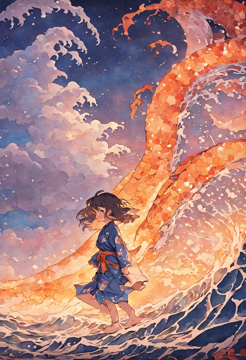 mosaic、hokusai style, style of hokusai, ukiyoe painting,Mosaic is strong、Not visible in mosaic、Pixel art、Artistically、The Great Wave of Kamikawa