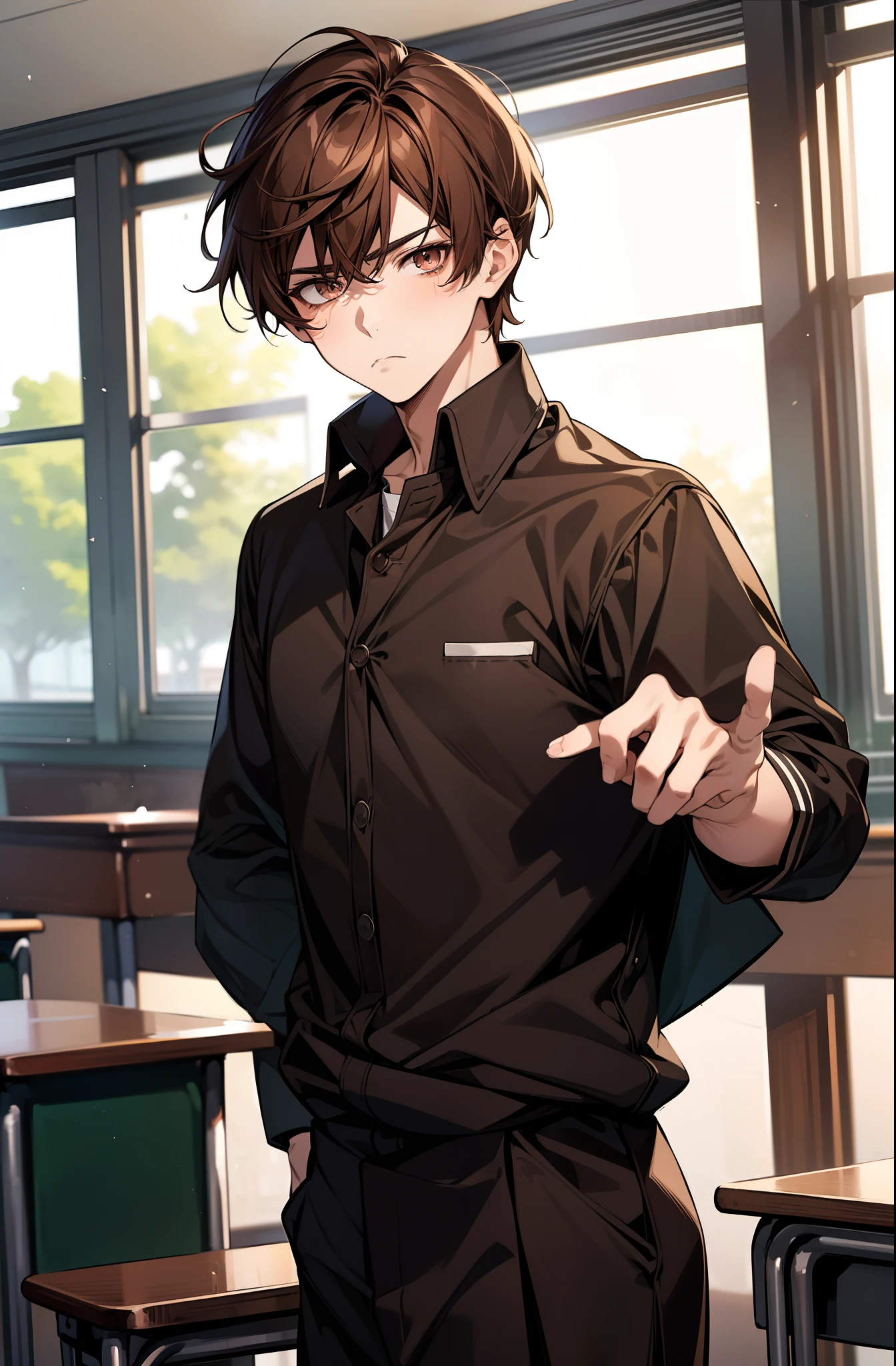 solo, ((anime boy with brown hair)), ((bangs)), ((in traditional black buttoned school uniform)), ((delinquent)), ((brown eyes)), (stoic expression), ((classroom in background)), ((high quality)), (extremely detailed)