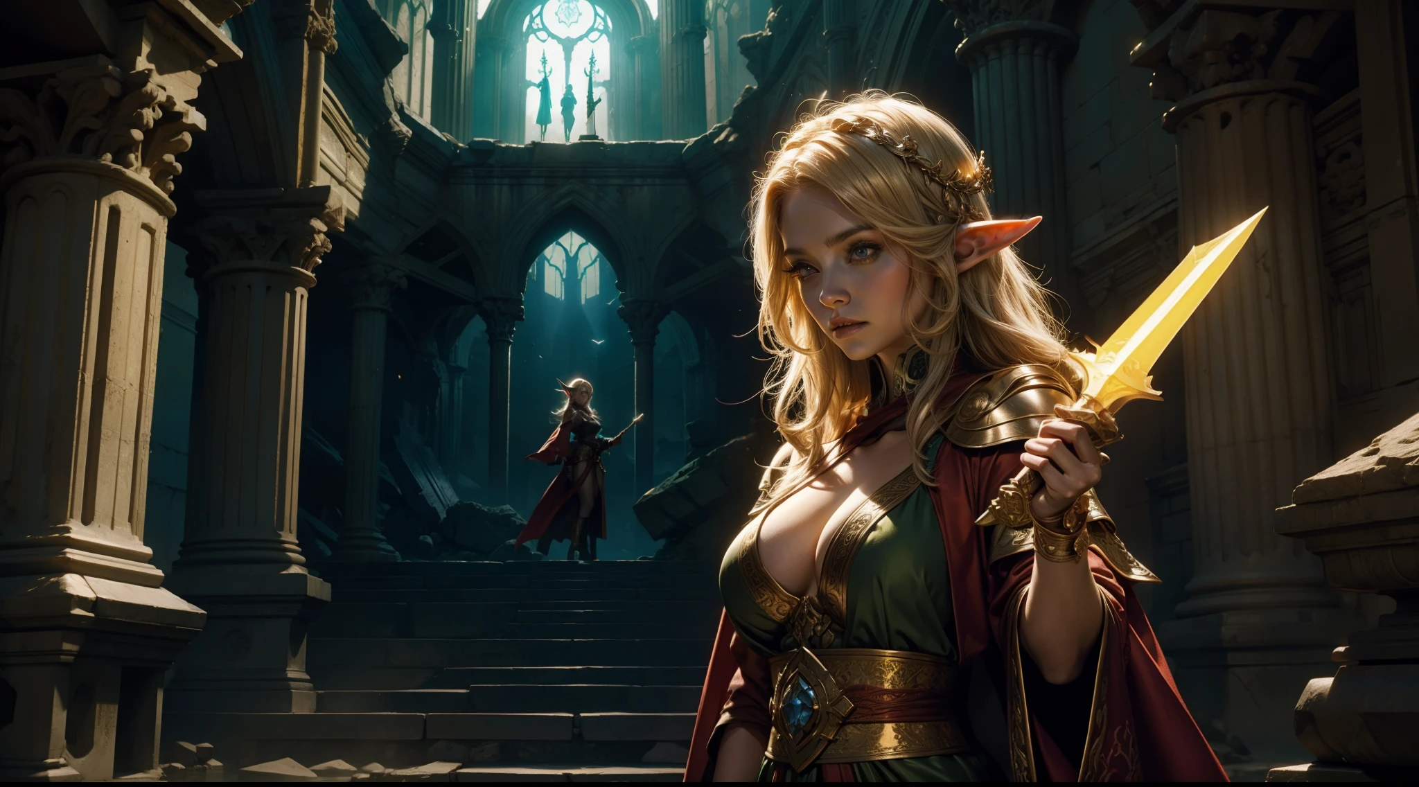 Female elf,Large breasts,Silk robes,Glowing scepter,dramatics,dynamicposes,The background is a ruin,(Mid-range portrait:1.3)