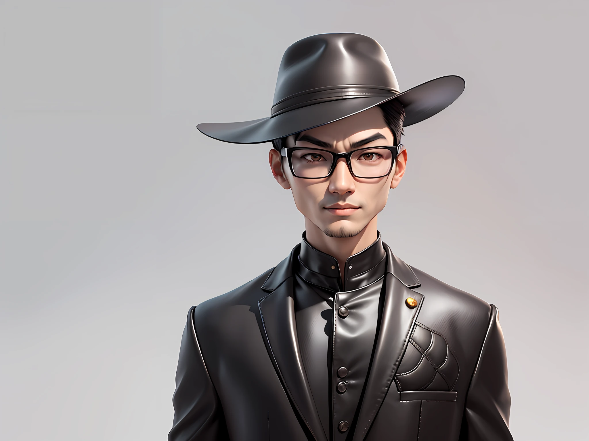 Young man with oriental face in leather hat, tiger, oriental face in formal suit, short black hair, silver glasses, digital painting, 3D character design by Mark Clairedon and Pixar and Hayao Miyazaki and Akira Toriyama, the illustration is a high-definition illustration in 4K resolution with very detailed facial features and cartoon-style visuals.