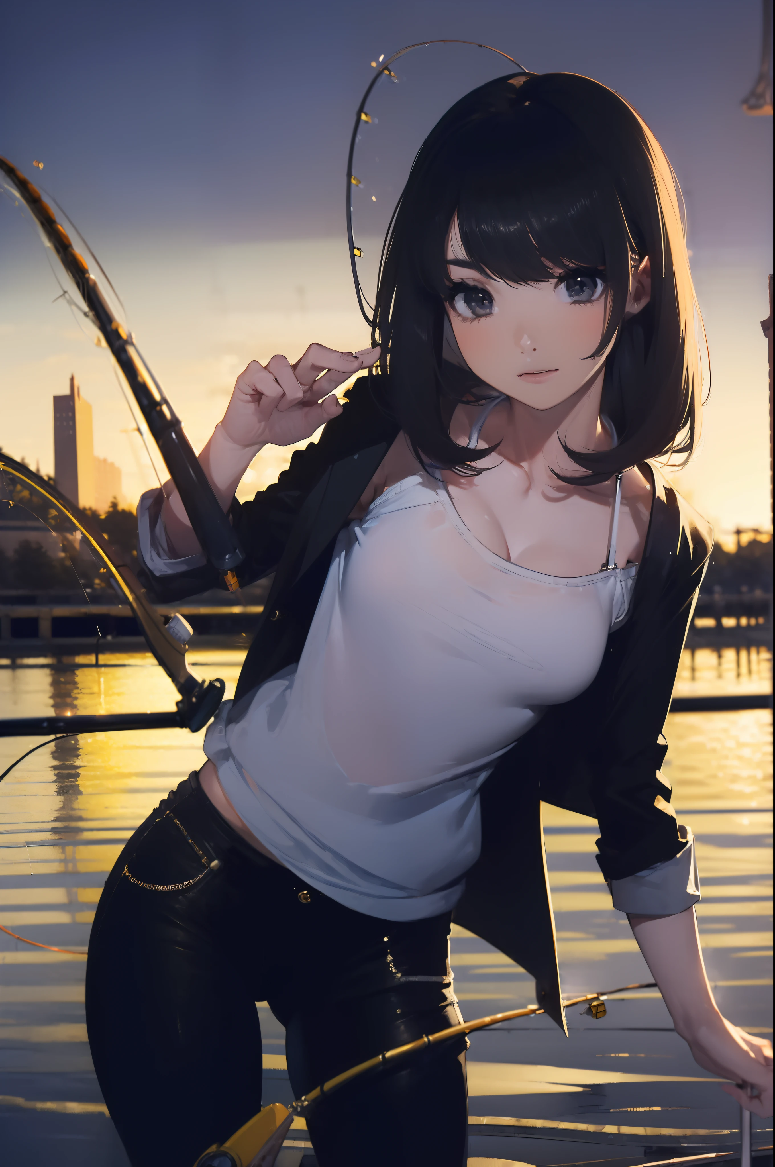 ((((having a fishing rod with a reel by the lakeside:1.5)))),((Female 28 years old)),((Best Quality:1.5)),(((Hands with the correct number and structure of fingers:1.4))),((Big fish:1.37)),hight resolution,ultra-detailliert,masterpiece,best qualtiy,(Eight-headed body),Black hair, long eyes-lashes, Solid Circle Eyes, drop shadow, Atmospheric perspective,Super Detail, ccurate, small brest,(Black jacket and black jeans :1.1),top-quality, blurry backround, bokeh dof:1.2, (masterpiece:1.3), Atmospheric perspective,Super Detail,dynamic compositions,