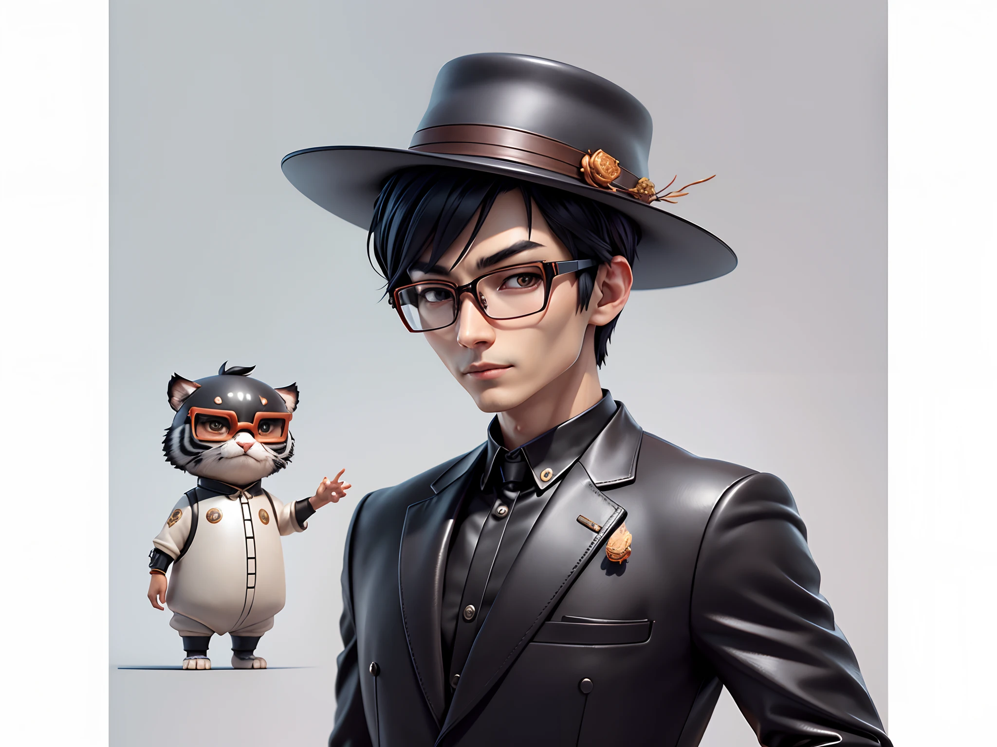 Young man with oriental face in leather hat, dragon, formal suit, short black hair, silver glasses, digital painting, 3D character design by Mark Clairedon and Pixar and Hayao Miyazaki and Akira Toriyama, the illustration is a high-definition illustration in 4K resolution with very detailed facial features and cartoon-style visuals.