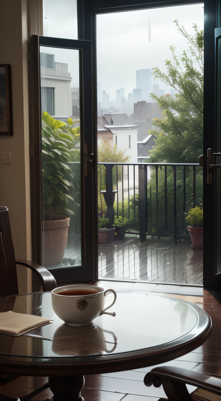 Create an image from the perspective of looking out a rain-streaked window. Show a cozy indoor scene with raindrops trickling down, while a serene outdoor landscape or cityscape can be seen through the glass. Include elements like a warm cup of tea, a book, or a comfortable chair to enhance the ambiance