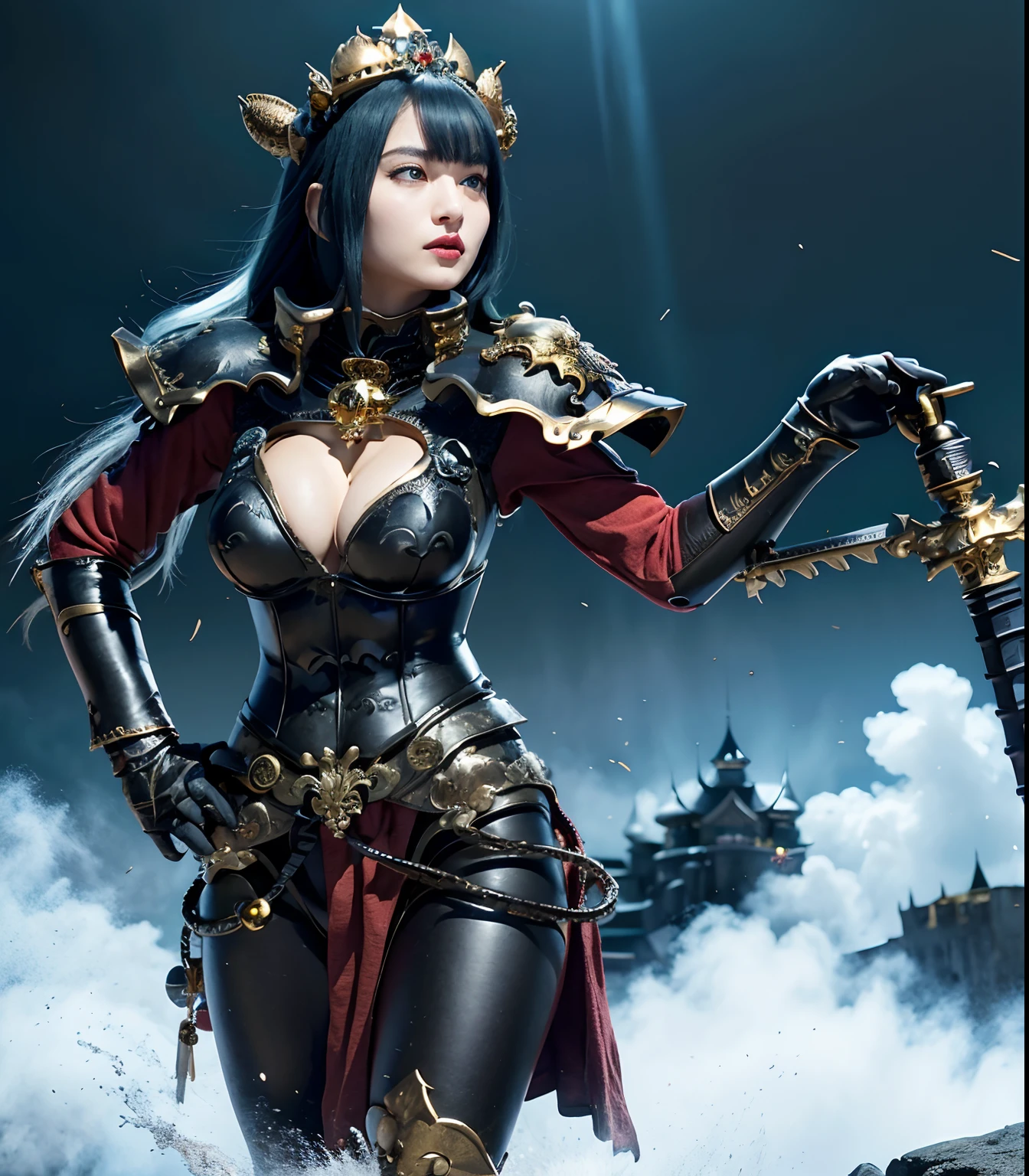 (masutepiece), Professional , ​masterpiece、top-quality、photos realistic , depth of fields （Gemstone Black Metal Body:1.９),(Matte Black、（cleavage of the breast）、Dragon Gold Weapon（Dragon Metal Body:1.４),Gorgeous gold weapons ,（（ Dragon's dense and gorgeous sword）） , Beautiful knife   ,warhammer 40k , adepta sororitas,Detail and gorgeous crown、（（Blue hair））、（Castle background）、The dragon、（（Gangle's forest background））、Beautiful Caucasian beauty、（１a person）、dynamic ungle,(((Detailed and ornate Black Devil Crown)))、Smaller head、A smile、Castle background、Thin and beautiful female hands、cleavage of the breast、Soldier in iron armor on background、Mystical expression、Light Effects、intense fighting、Wind-effect、magic circles、With the legendary magic wand、（demonic wings）、（Blue hair）、（1 persons）、Battle Look、Anatomically correct body、