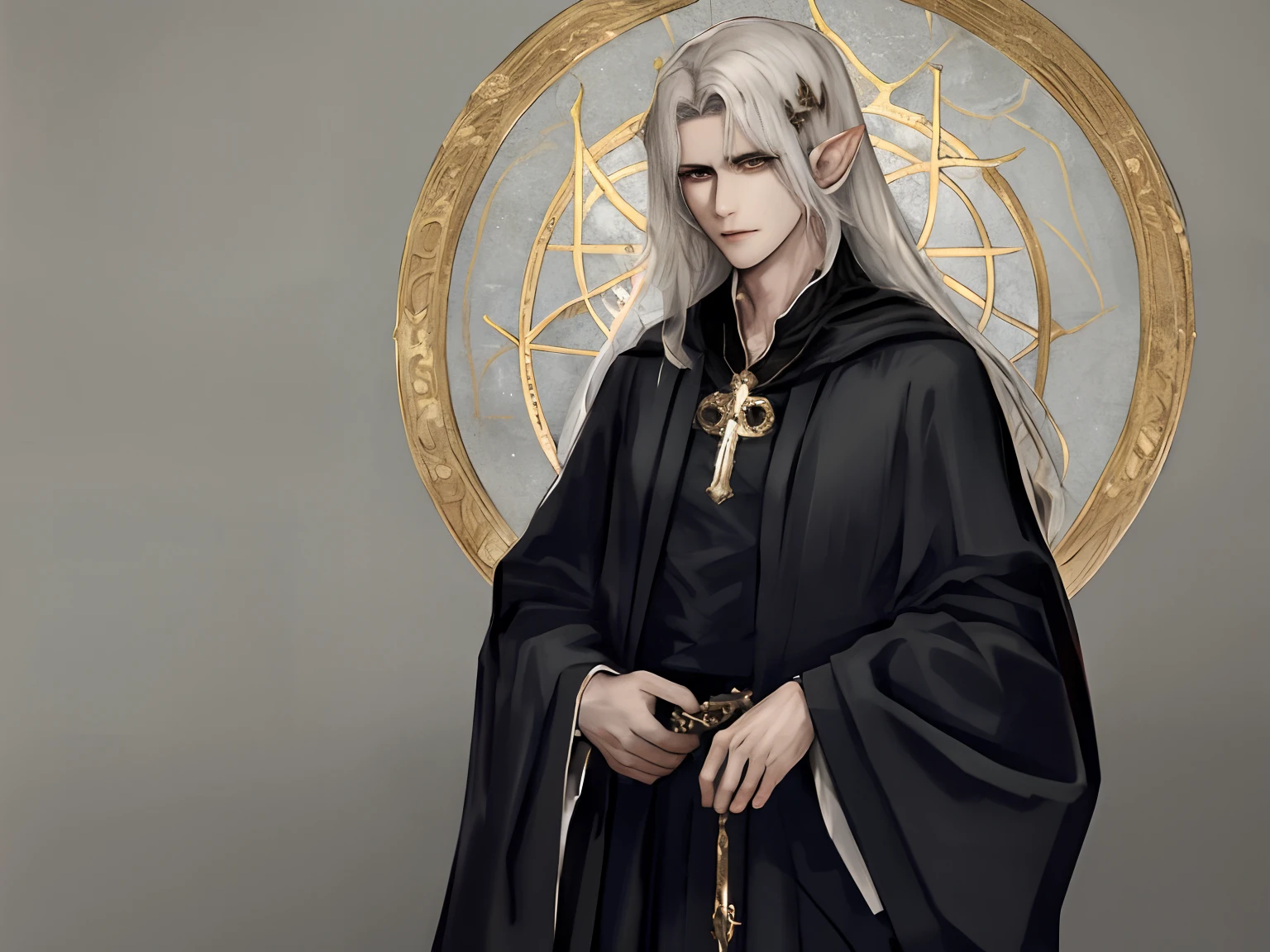 One dressed in black、Image of Araved of a man holding a cross and a sword, dark robed,Gold accents, noble elf male in black robes, beautiful male god of death, skinny male fantasy alchemist, portrait of a holy necromancer, casimir art, picture of a male cleric, portrait of a slender elven man, Alukad, lolth,curlies