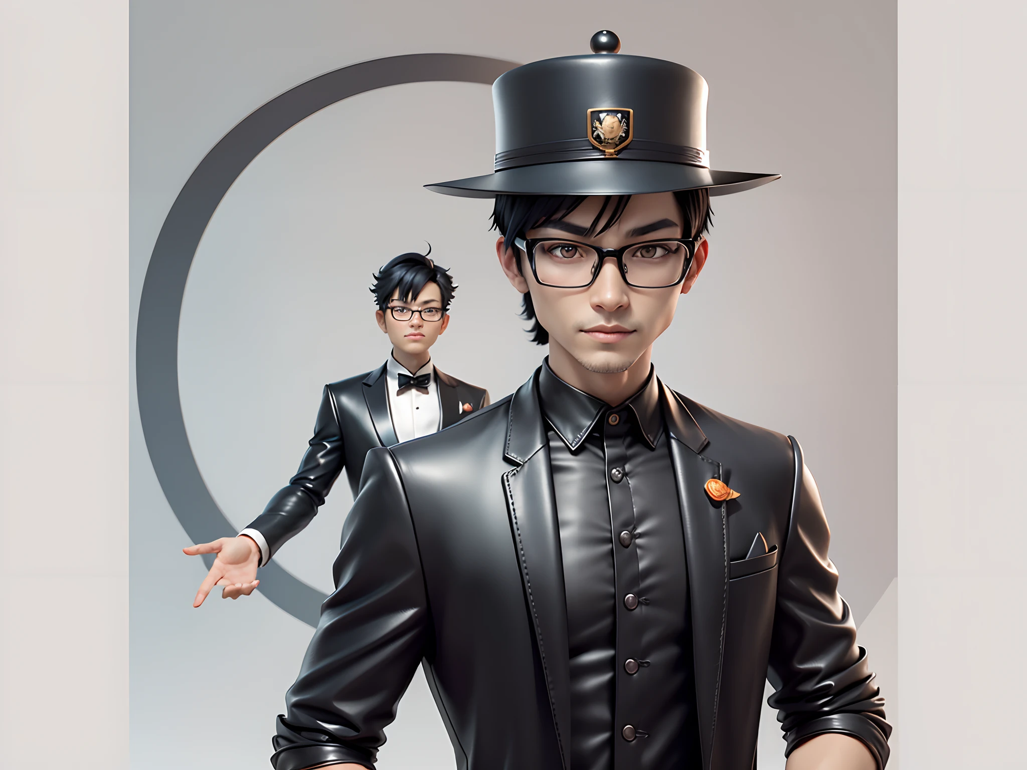 Young man with oriental face in leather hat, tiger, oriental face in formal suit, short black hair, silver glasses, digital painting, 3D character design by Mark Clairedon and Pixar and Hayao Miyazaki and Akira Toriyama, the illustration is a high-definition illustration in 4K resolution with very detailed facial features and cartoon-style visuals.