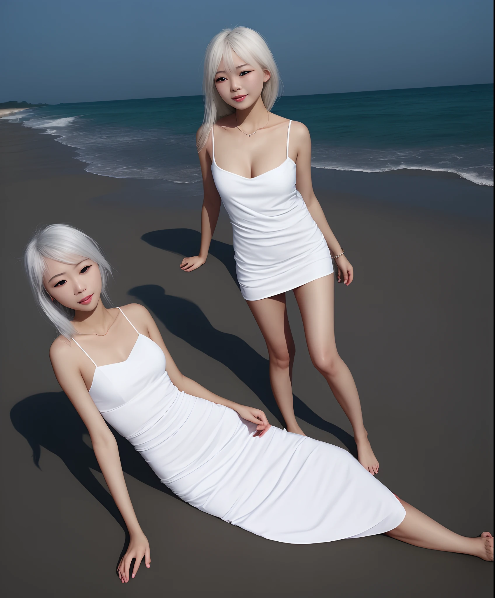 Two-dimensional girl,Waist length white hair,Red eyes,White slip dress,Beth,Barefoot,sea beach,baiyun,