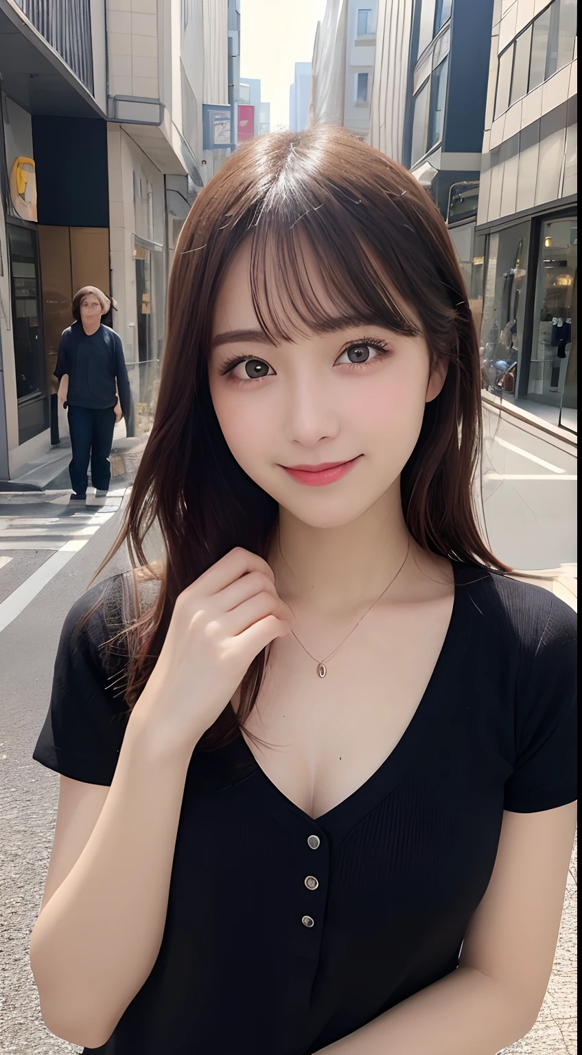 masutepiece, Best Quality, Illustration, Ultra-detailed, finely detail, hight resolution, 8K Wallpaper, Perfect dynamic composition, Beautiful detailed eyes, doress,Medium Hair, mid-chest, Natural Color Lip, Random and sexy poses,Smile,Aoyama Street Walk、20 years girl