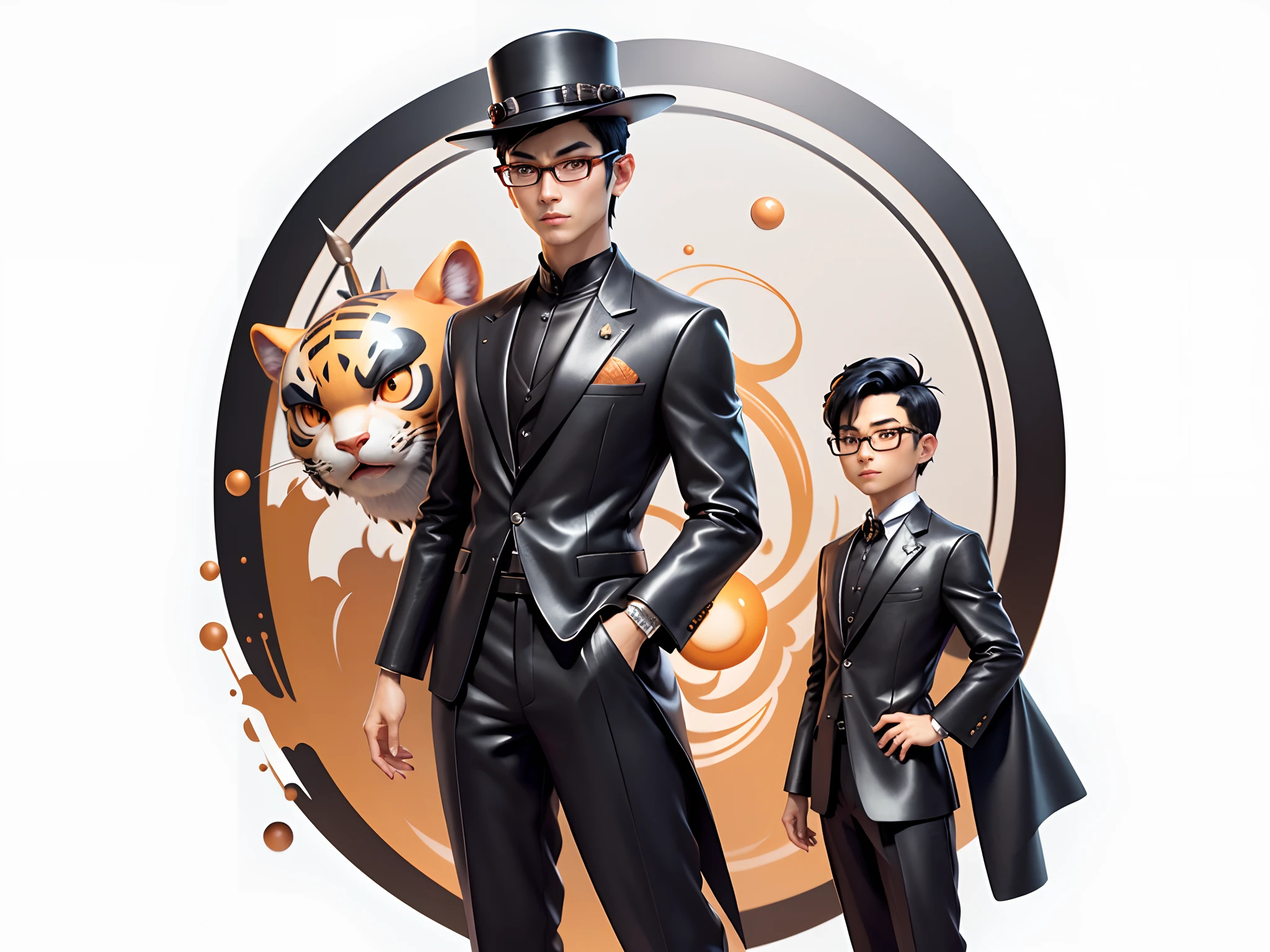 Young man with oriental face in leather hat, tiger, oriental face in formal suit, short black hair, silver glasses, digital painting, 3D character design by Mark Clairedon and Pixar and Hayao Miyazaki and Akira Toriyama, the illustration is a high-definition illustration in 4K resolution with very detailed facial features and cartoon-style visuals.