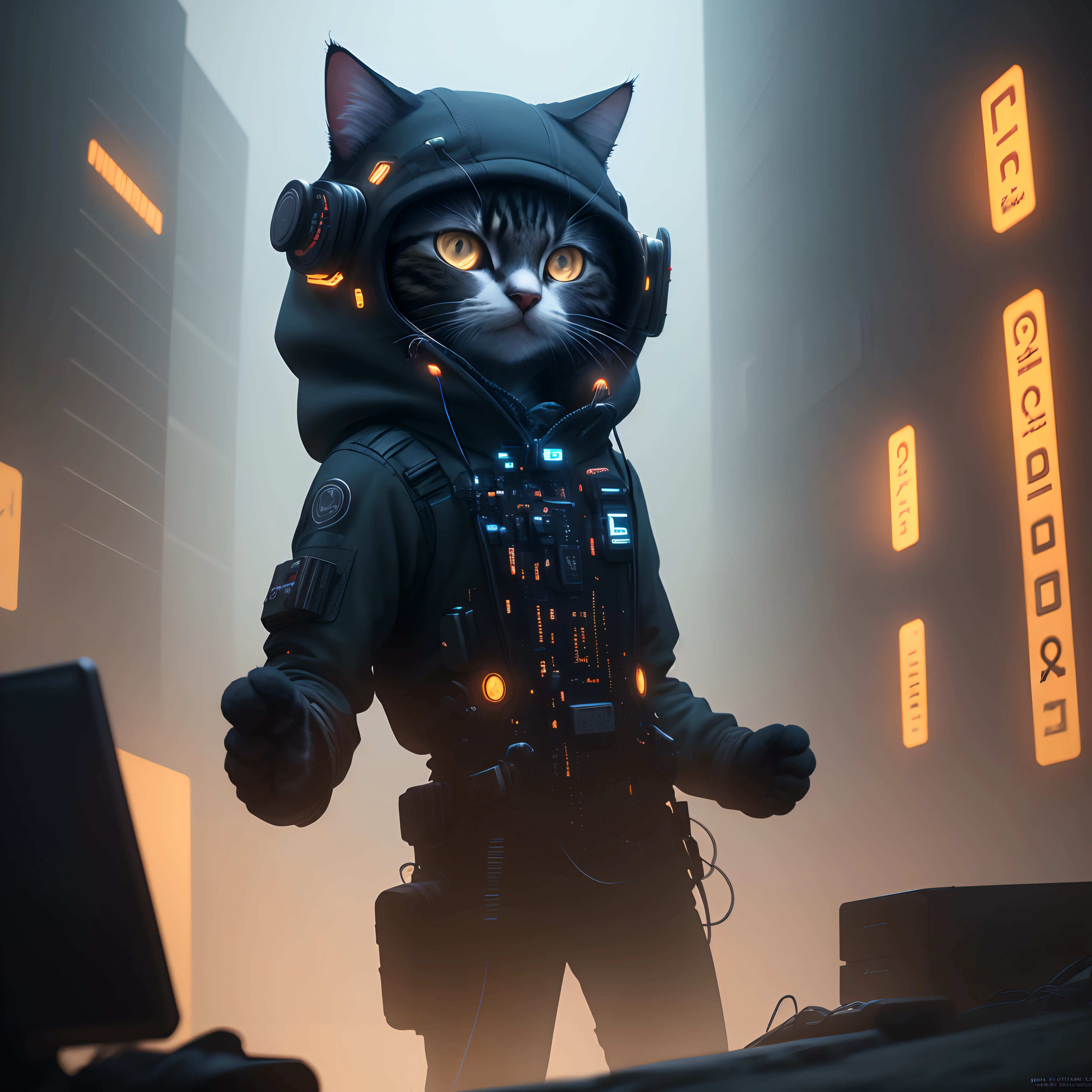 hacker cat hacking a government PC, epic scale, dramatic Lighting, red tape, high-tech parts, dark, futuristic, Night, highly detailed, hi res, cinematic, concept art, hyper realistic, 8k, trending on artstation, volumetric light, dark, cinematic, concept art, octane render, Unreal Engine, movie shot, movie concept art, cyberpunk, super detailed, cinematic,