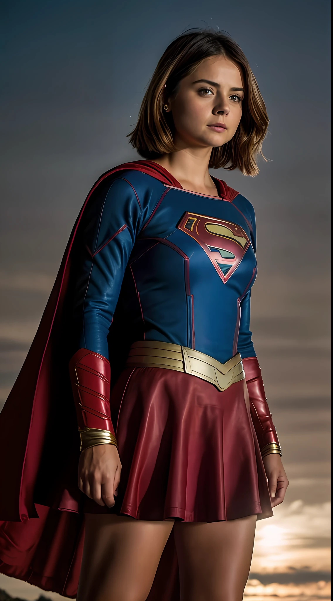 Foto RAW, jenna coleman como Supergirl, (pele altamente detalhada: 1.2), 8k UHD, DSLR, soft-lighting, alta qualidade, grain of film, Fujifilm XT3