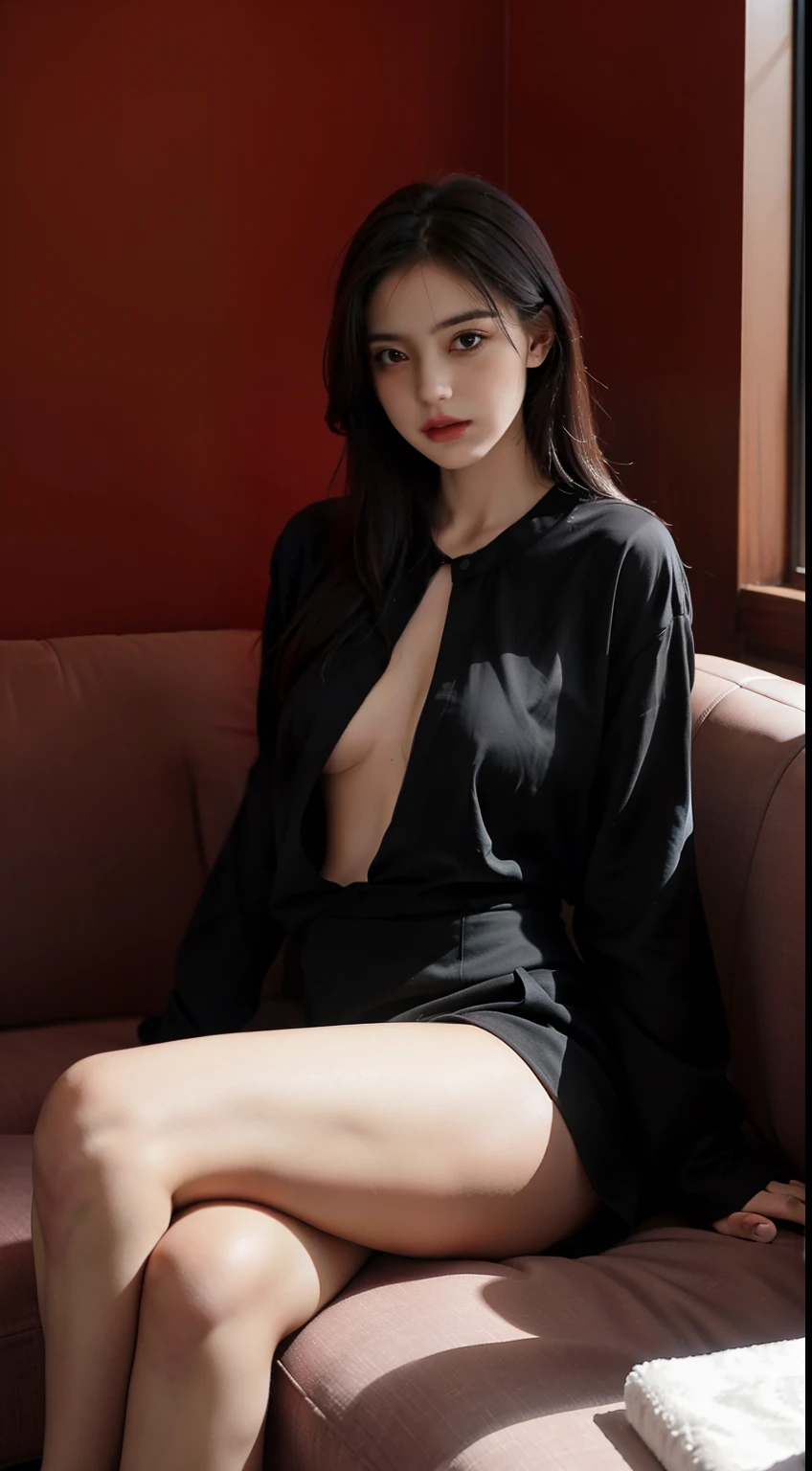 1girll,Sit on a comfortable sofa,Cross ed leg,Soft light,blacksilk,huge tit,Slender legs