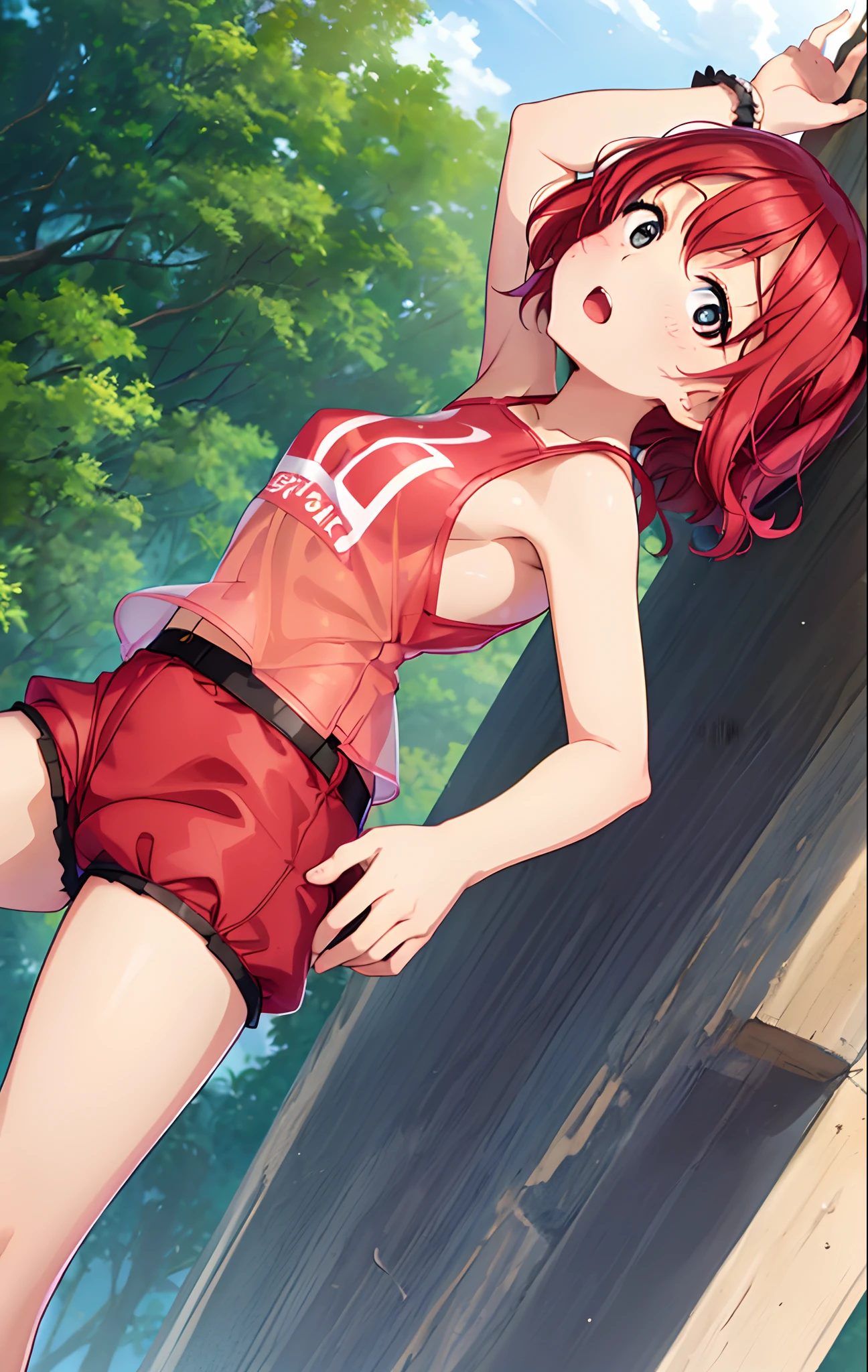 Kurosawa ruby, ((An incredibly charming *********** carrying a red backpack)), ((10 years old)), blurry background, open mouth, short height, ***********, ((bare shoulder)), ((presenting armpit)), (see-through), cleavage, naughty face, ((white tank top)), (arm up), ((**** oppai)), ((big boobs)), ((large breasts)), ((under boobs)), ((boob curtain)), (hot pants), ((detached sleeves)), beach, (potrait)), loose shirt, navel, (((from below))) wet body, rain