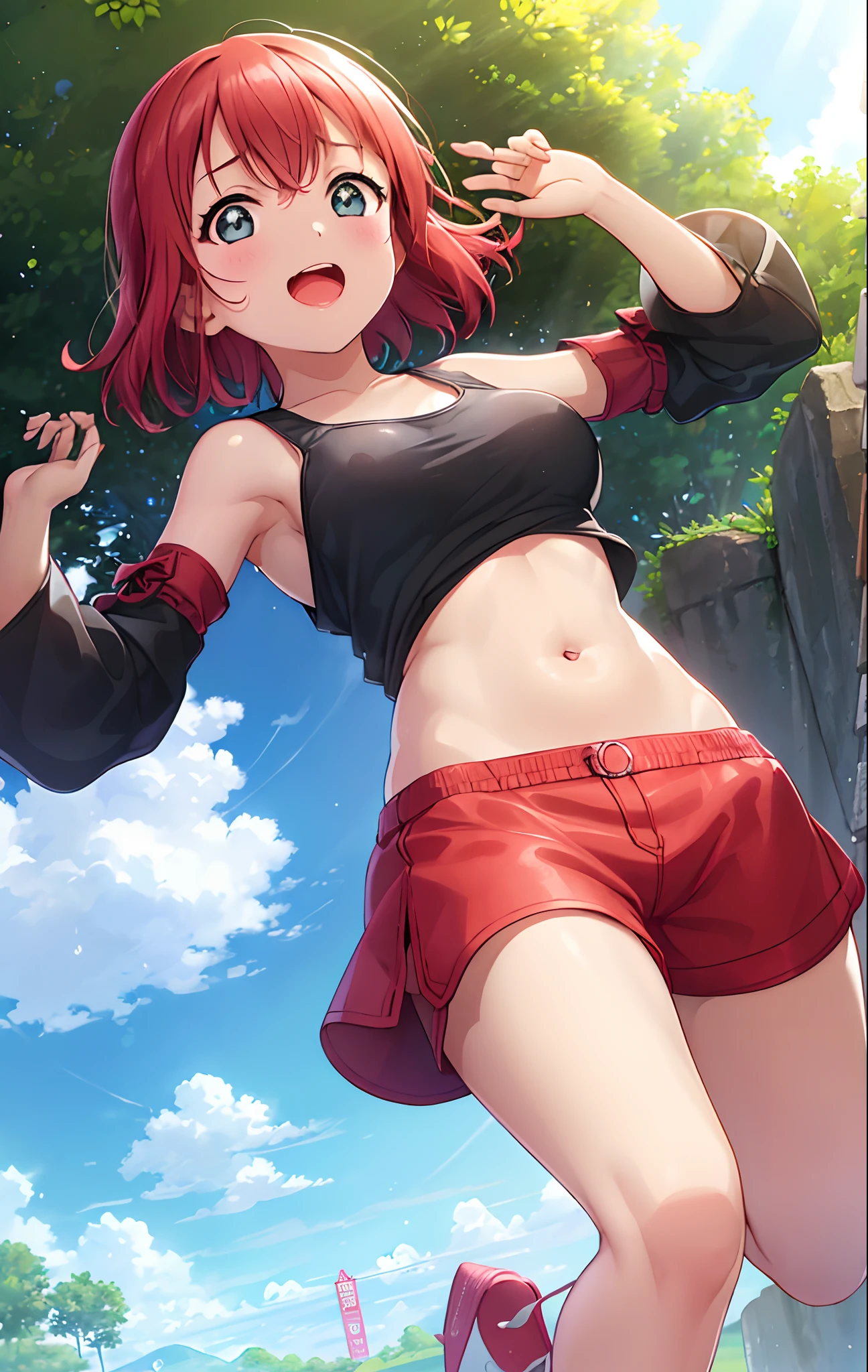 Kurosawa ruby, ((An incredibly charming *********** carrying a red backpack)), ((10 years old)), blurry background, open mouth, short height, ***********, ((bare shoulder)), ((presenting armpit)), (see-through), cleavage, naughty face, ((white tank top)), (arm up), ((**** oppai)), ((big boobs)), ((large breasts)), ((under boobs)), ((boob curtain)), (hot pants), ((detached sleeves)), beach, (potrait)), loose shirt, navel, (((from below))) wet body, rain