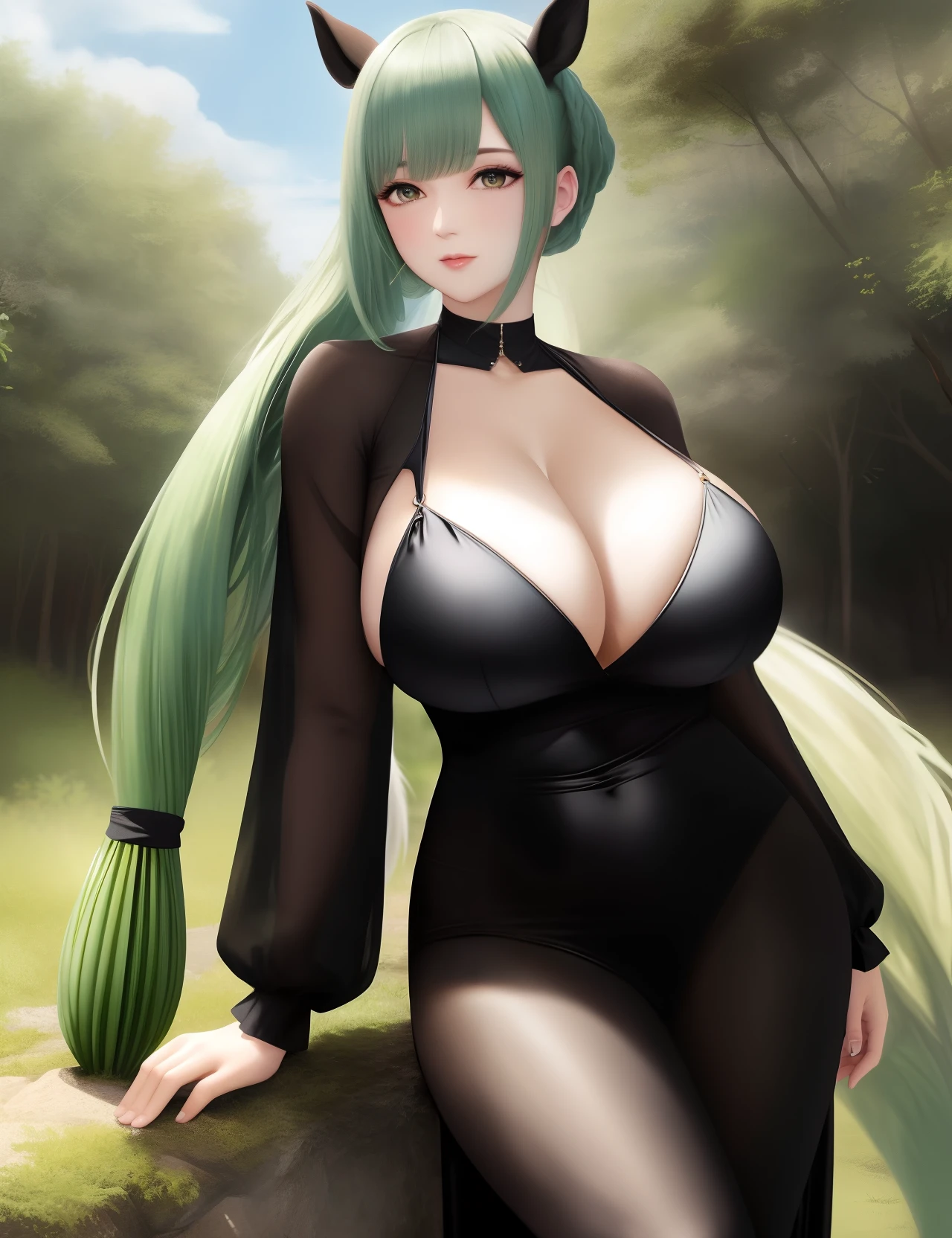 Real Human,Lori huge breasts cleavage,dual horsetail,Low-cut clothing,Long tube black silk,jk