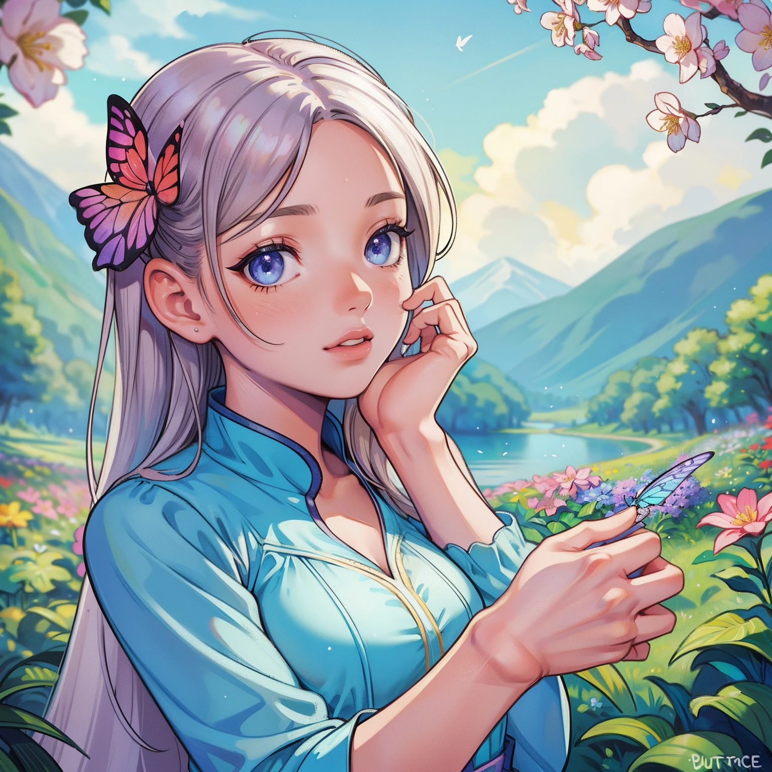 masterpice, (best quality), ((best detailed)), depth of field, a beautiful girl, beautiful face, nature, spirit, blossom, colorful landscape, flowers, butterflys, glowing dress, elements