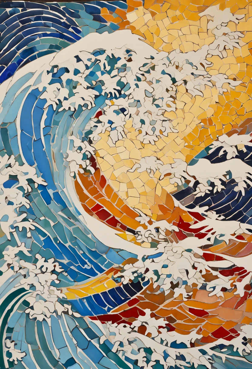 mosaic、hokusai style, style of hokusai, ukiyoe painting,Mosaic is strong、Not visible in mosaic、Pixel art、Artistically、The Great Wave of Kamikawa