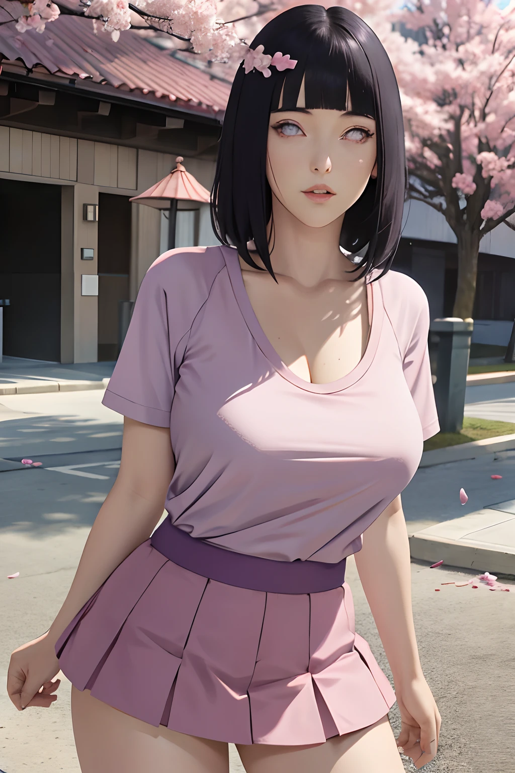 masterpiece, absurdres, hinata\(boruto\), 1girl, solo,mature female, high waist short skirt, looking at viewer, perfect composition, detailed lips, big breast, beautiful face, body propotion, blush, (pink lips), long hair, purple eyes, soft gaze, super realistic, detailed, photoshoot, realistic face and body,