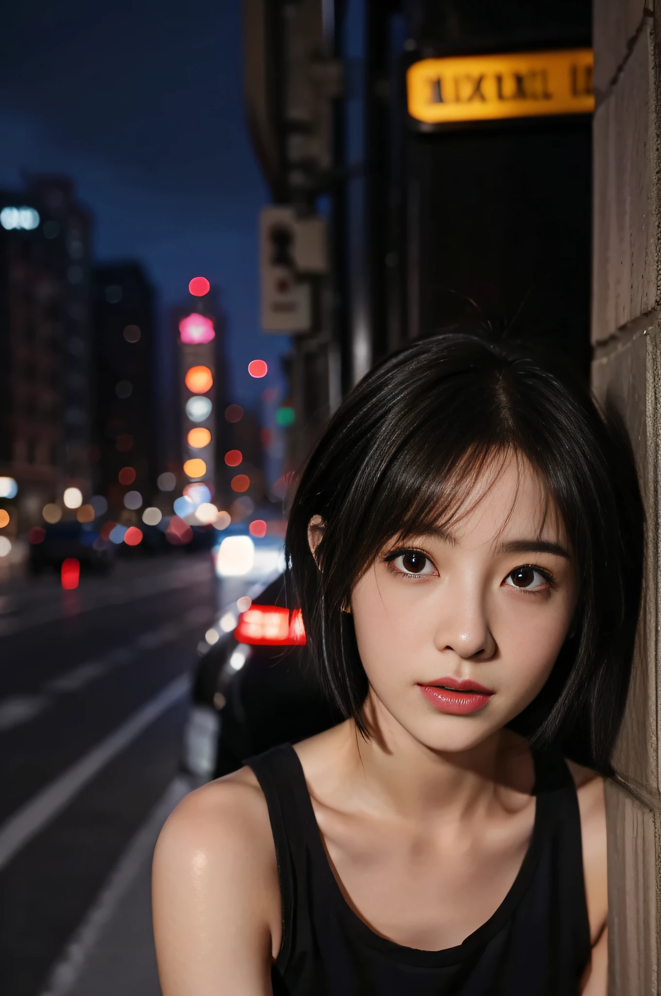 1girl in、tifa lockhart、25 years old women、Shortcut Hair、natural make up、Beautiful grooming、a small face、Bust B Cup、Looking at this、New York City at night、doress