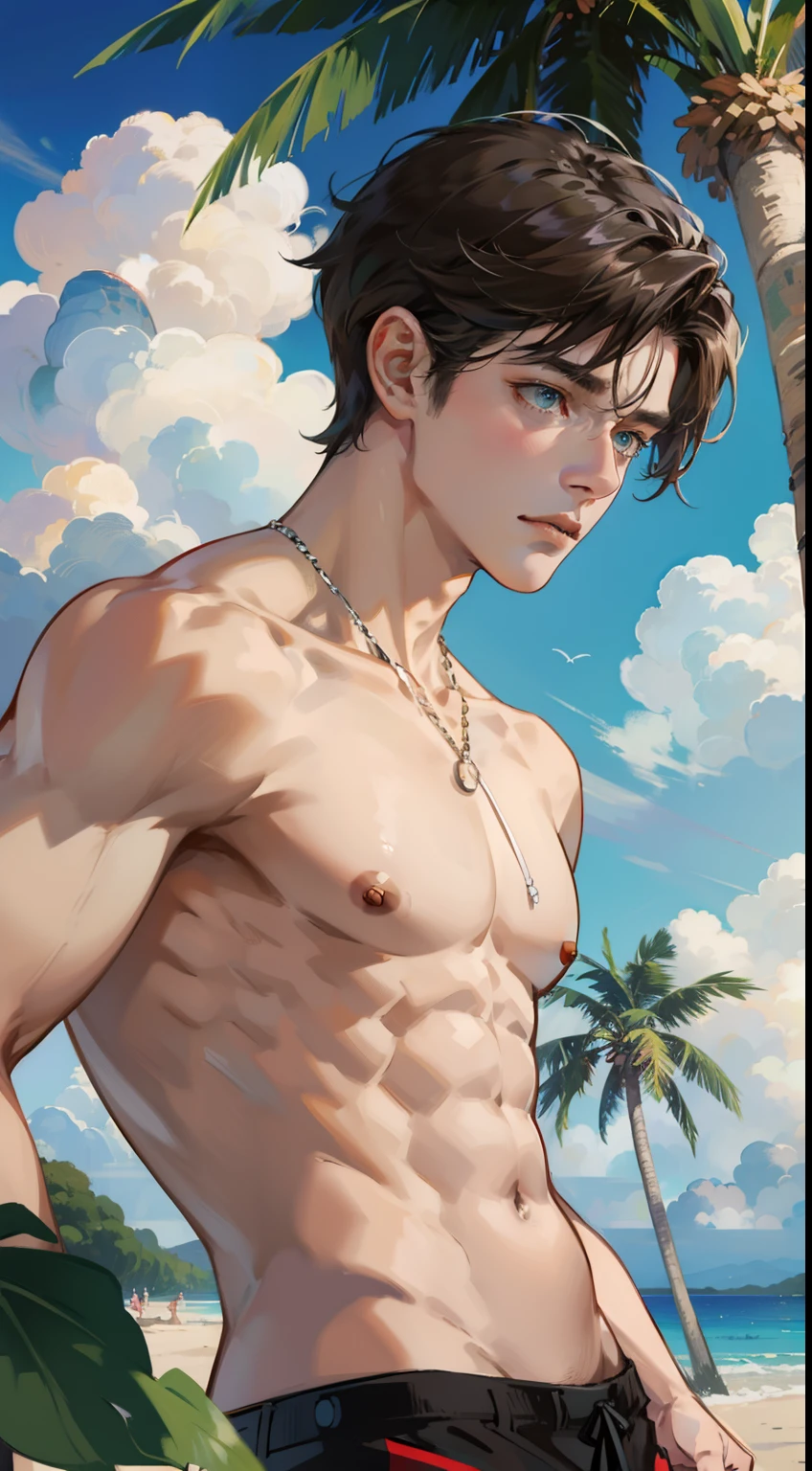 Best quality, masterpiece, potrait, avatar, half-body, 1 man, tall muscular guy, male, man focus, man only, short brown hair, flying bangs, turquoise eyes, swimsuit, 3/4 side, bright eyes, brilliant scene, sky, looking down, looking at the viewers, beach background, sand, waves, sea, coconut trees, island city view
