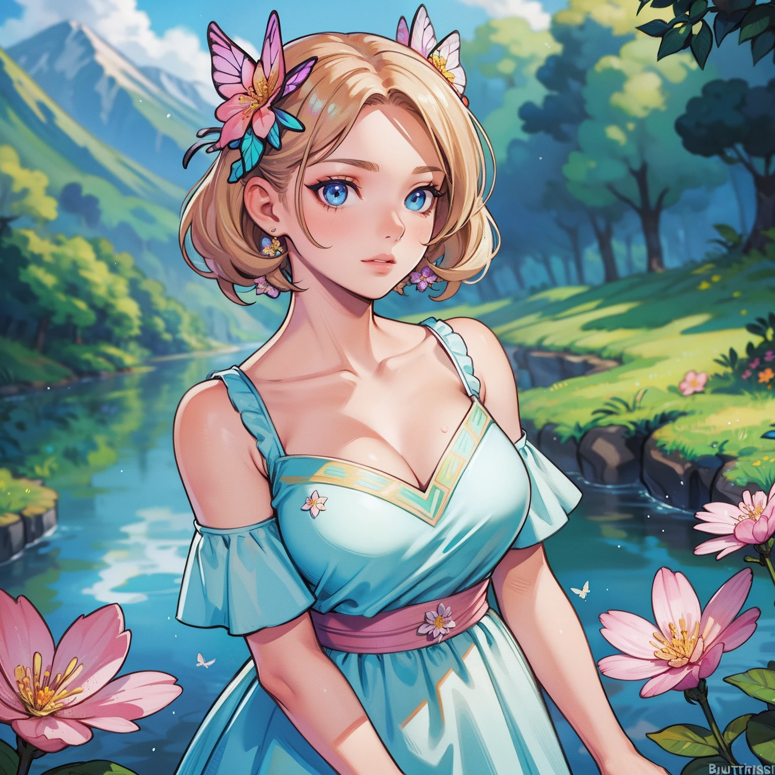 masterpice, (best quality), ((best detailed)), depth of field, a beautiful girl, beautiful face, nature, spirit, blossom, colorful landscape, flowers, butterflys, glowing dress, elements