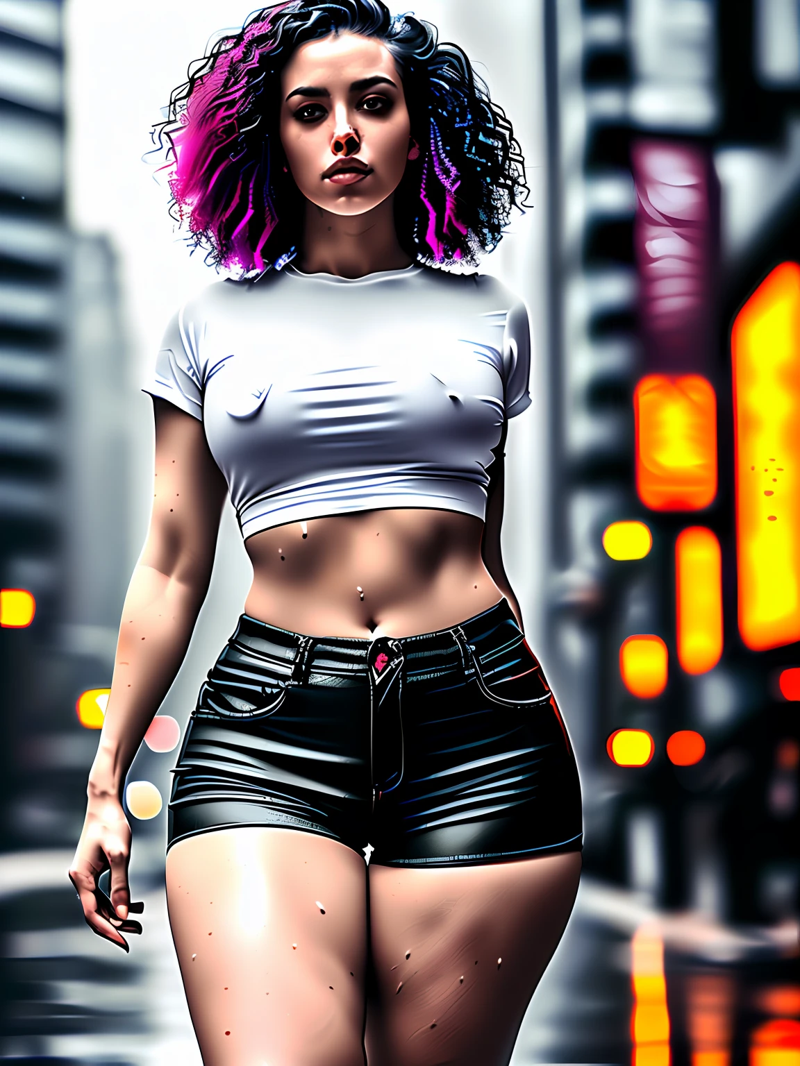 Gorgeous woman with wavy curls detailing seductive eyes thigh gap long sexy legs wearing small shorts T-shirt in beautiful futuristic cyberpunk+ City, Mist, Wet, rained, Best quality masterpiece, Photorealistic, Detailed, 8K, hdr, Shallow depth of field, nguanglf, High contrast, back lit lighting, full bloom, glittery, color difference, Sharp focus, RAW color photo