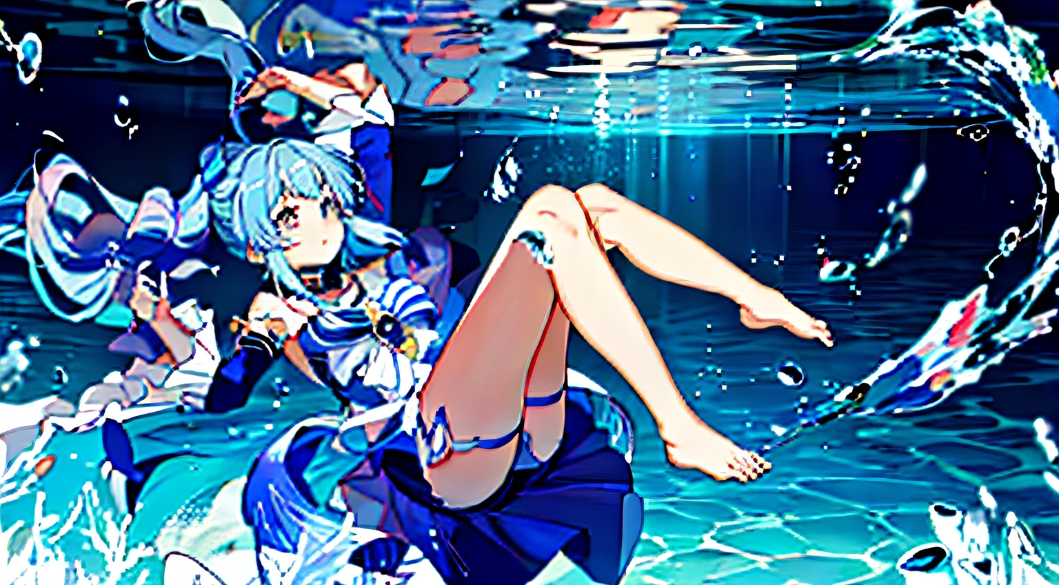 Anime Girl in blue dress floating in water, wallpaper anime blue water, Splash art anime , A scene from the《azur lane》videogame, In the ocean, In the sea, zerochan art, 《azur lane》role, azur lane style, aqua from konosuba, offcial art, macross delta splash art, Anime girl walking on water