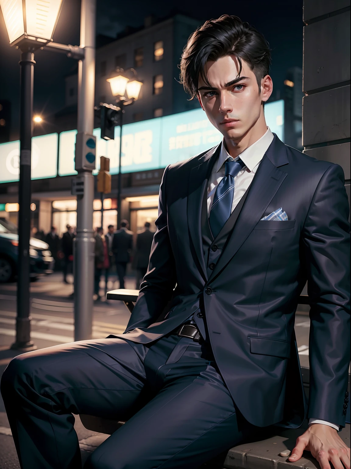 Adult boy wear a tie with blue or black suit sitting on the street sitbench with street lamp at night 8k realistic