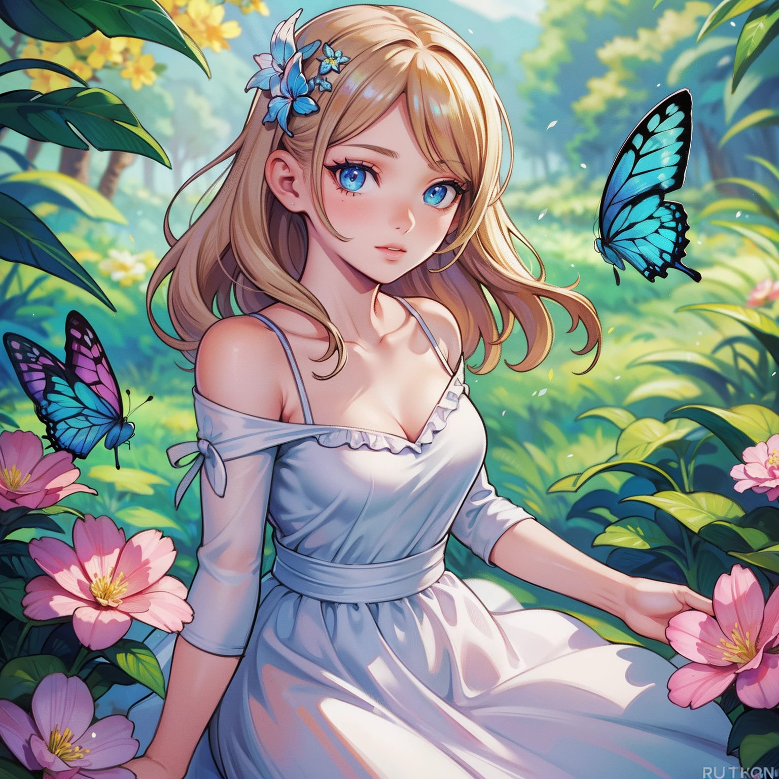 masterpice, (best quality), ((best detailed)), depth of field, a beautiful girl, beautiful face, nature, spirit, blossom, colorful landscape, flowers, butterflys, glowing dress, elements
