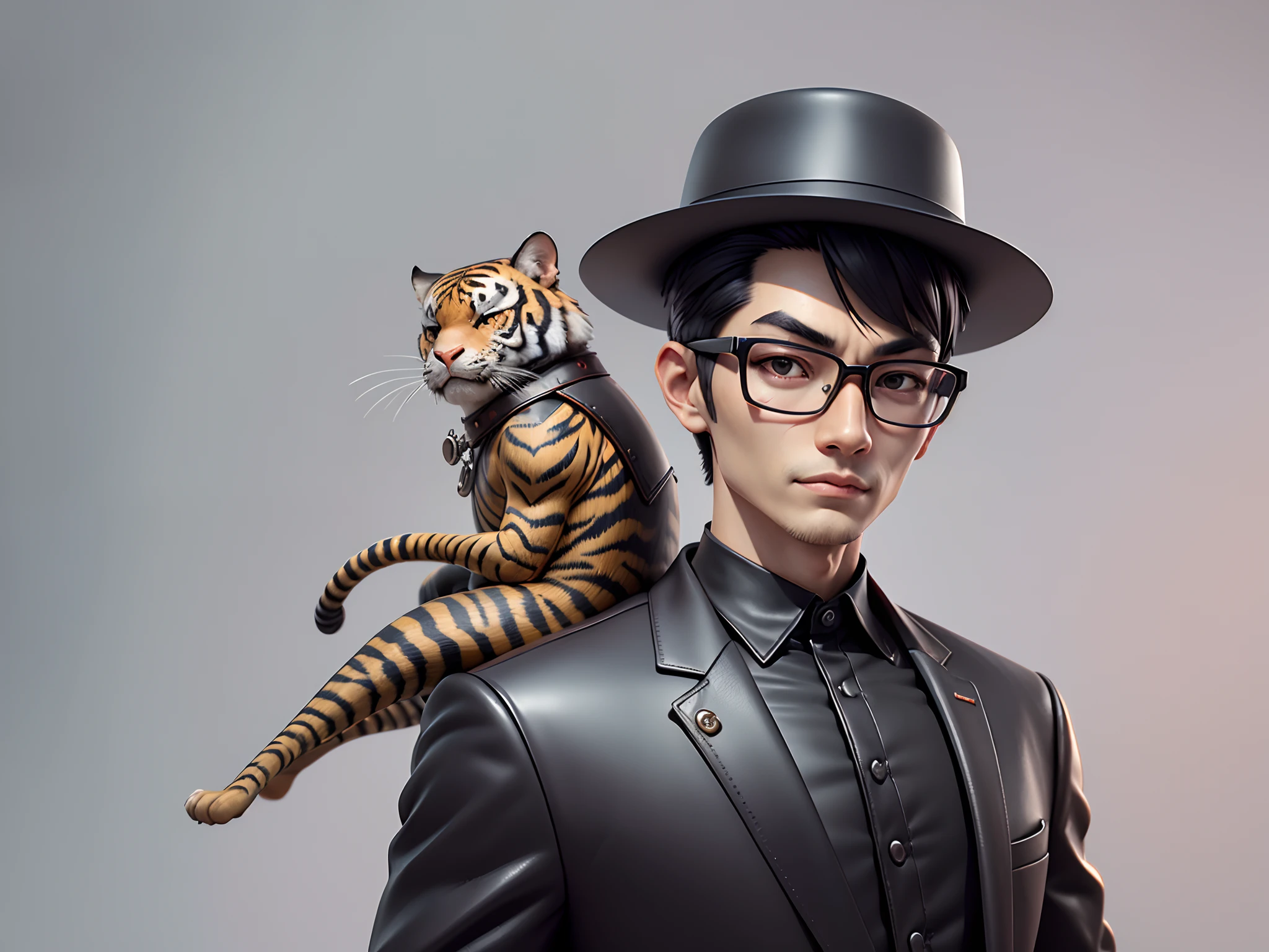 Young man with oriental face in leather hat, tiger, oriental face in formal suit, short black hair, silver glasses, digital painting, 3D character design by Mark Clairedon and Pixar and Hayao Miyazaki and Akira Toriyama, the illustration is a high-definition illustration in 4K resolution with very detailed facial features and cartoon-style visuals.