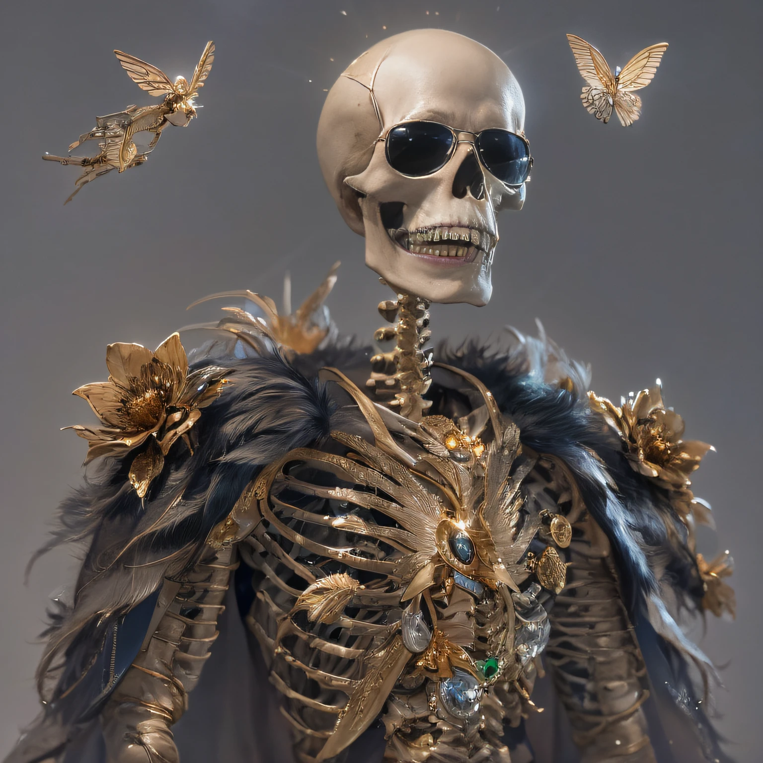 baton，Transparent wings，Magic wand，Wear thick gold-framed reflective sunglasses，32K（tmasterpiece，k hd，hyper HD，32K）Burgundy double ponytail，The Silver Skull Jewelry District in the backstreets，Indigo Skull King ，Skeleton protector （The skeleton is realistic：1.4），Skull pattern robe，Silver skull flower ornaments，Petals flutter，Colored ball head，Hold your head high，Be proud，The nostrils look at people， A high resolution， the detail， RAW photogr， Sharp Re， Nikon D850 Film Stock Photo by Jefferies Lee 4 Kodak Portra 400 Camera F1.6 shots, Rich colors, ultra-realistic vivid textures, Dramatic lighting, Unreal Engine Art Station Trend, cinestir 800，Hold your head high，Be proud，The nostrils look at people，Tsundere，Petals flutter，Petals flutter，Sprinkle with gold dust，Fluttering，Impeccable，( reasonable design, Clear lines, High sharpness,Best quality, Very detailed skeleton, The skeleton of a masterpiece, offcial art, movie light effect, 4K skeleton（（（Wear thick gold-framed reflective sunglasses）））Transparent wings，（baton）（Baton in hand）（Giant stick）baton，