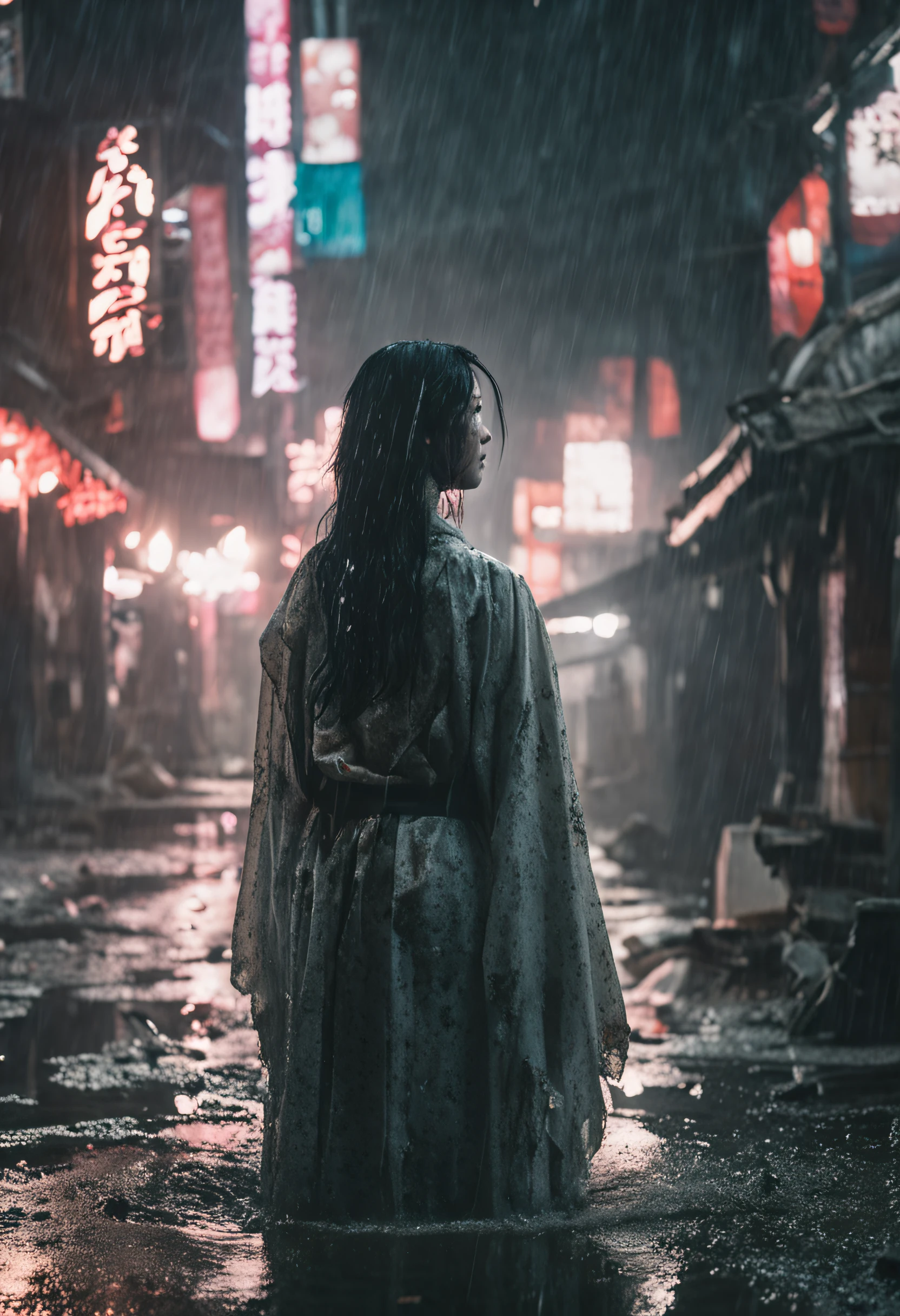 (japanese horror:1.5),(apparition:1.5), Cinematic shots,Woman with dark hair１a person, Angry eyes, Kimono, disheveled hair, pale skin,(rain falling:1.4), (Ruins:1.3),(Soaking wet woman:1.5),Coarse grain, (Melted face:1.5), (rotting skin:1.1), darkness,The Darkness (Film grain:1.3, 8K, awardwinning, Best Quality), hight resolution, Super Detail, high details, Anatomically correct, nffsw, (masutepiece:1.3)