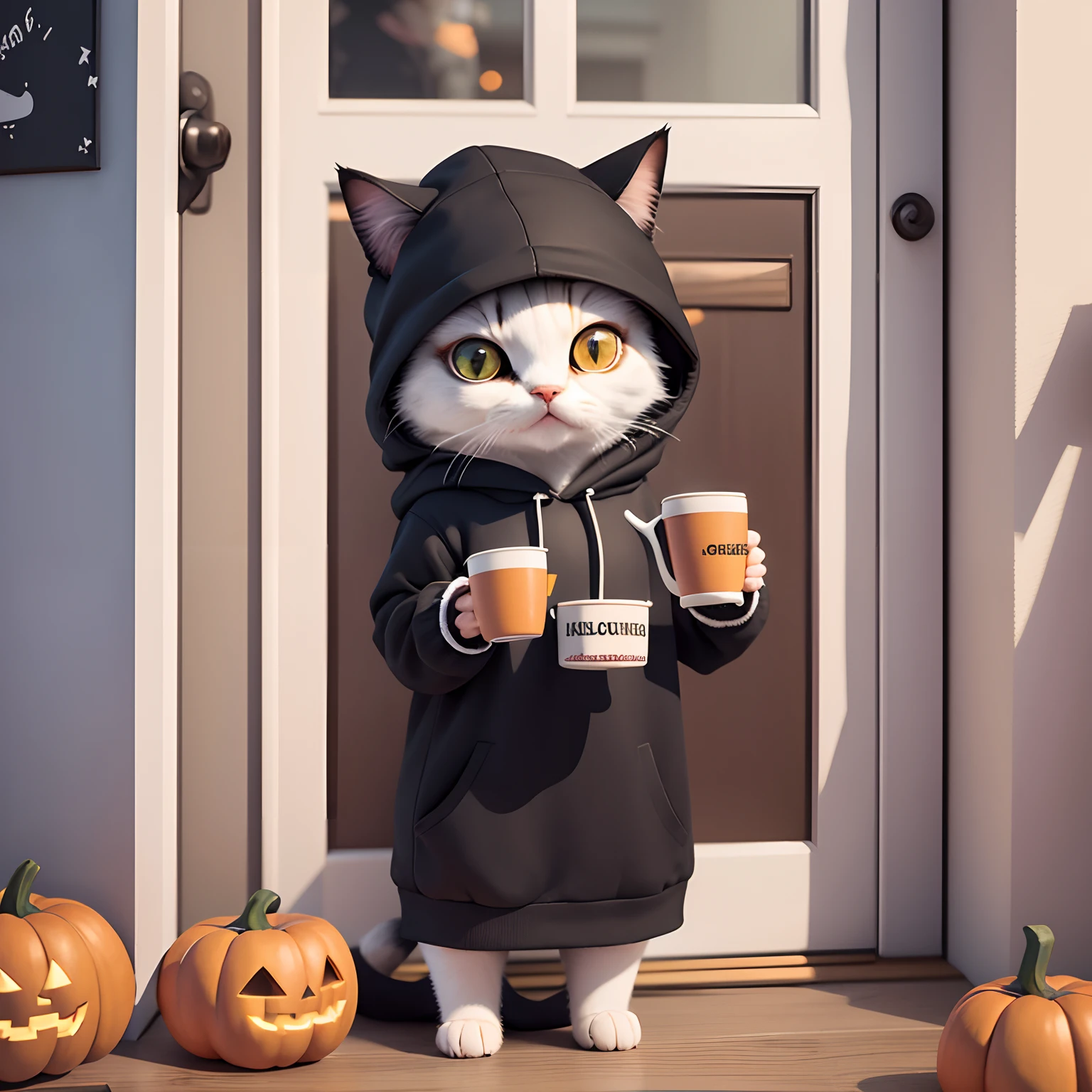 Generate a Halloween-themed illustration from a close-up perspective, depicting a black cat adorned in a white hoodie with blank spaces for future customization. The cat should be portrayed answering the door in a 'trick or treat' scenario, all while holding a blank coffee cup. The cup itself should also have an empty area meant for customization with letters or text. The cat's expression should reflect a mixture of curiosity and warmth, signifying its involvement in the Halloween festivities. The focus should be on the interaction between the cat, the door, and the coffee cup. Please ensure that there is ample space within the hoodie and on the cup for easy personalization with text. The illustration aims to encapsulate the charm of Halloween, the coziness of a coffee cup, and the joy of welcoming visitors, providing a canvas for personalized creativity." --auto