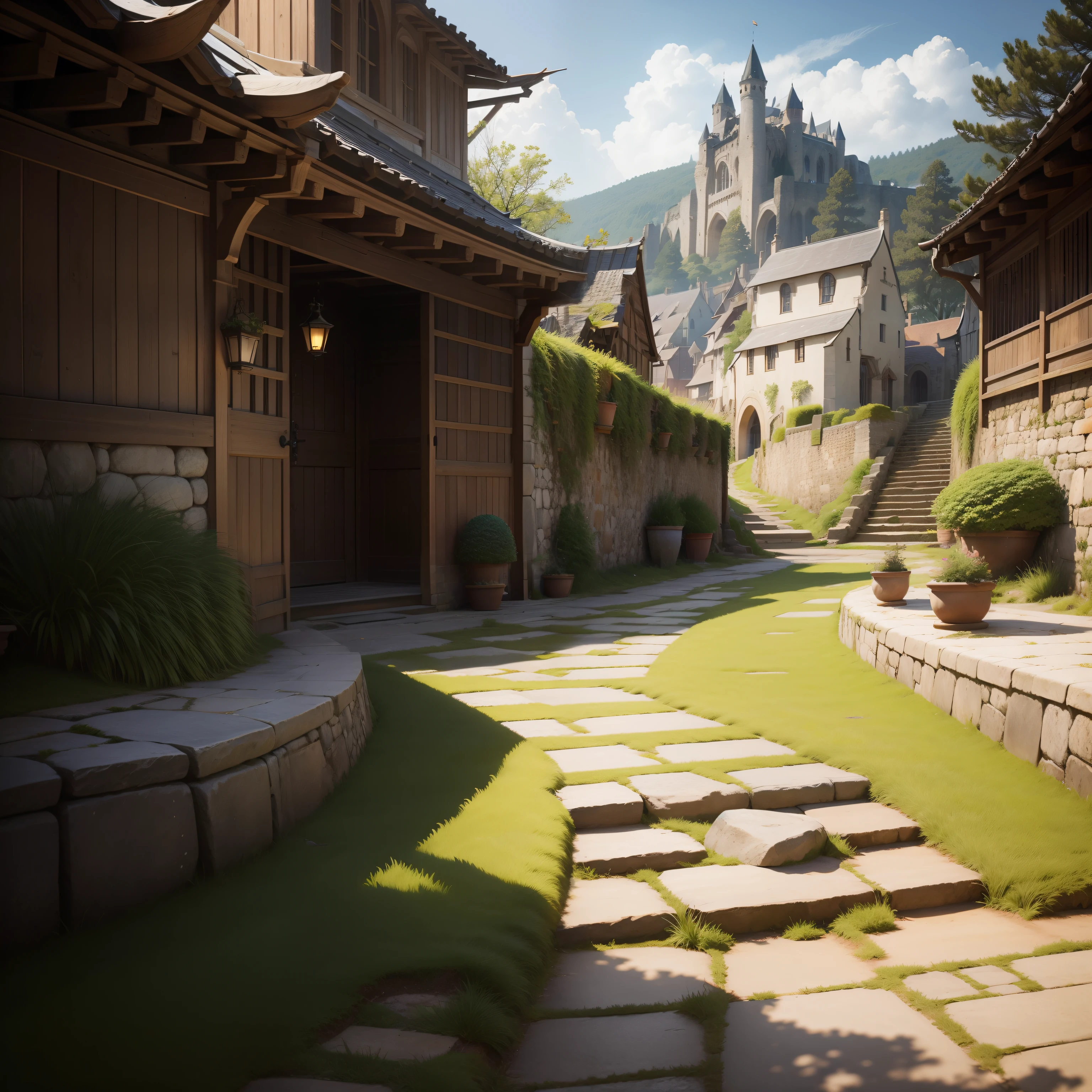 medieval times、former times、Stagger the streets、Stone pavement、Back alley、S-shaped path、Curved architecture、grassy、Looking up from below、The ground is dirt and pebbles